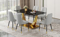 Table And Chair Set.Modern Rectangular Dining Table With Black Textured Stickers Glass Tabletop And Gold Plated Metal Legs.Paried With 6 Comfortable Chairs With Pu Seats And Black Metal Legs. Black Gold,Light Gray Seats 6 Glass Metal