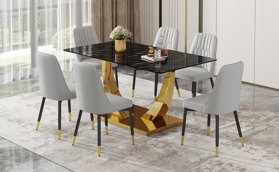 Table And Chair Set.Modern Rectangular Dining Table With Black Textured Stickers Glass Tabletop And Gold Plated Metal Legs.Paried With 6 Comfortable Chairs With Pu Seats And Black Metal Legs. Black Gold,Light Gray Seats 6 Glass Metal