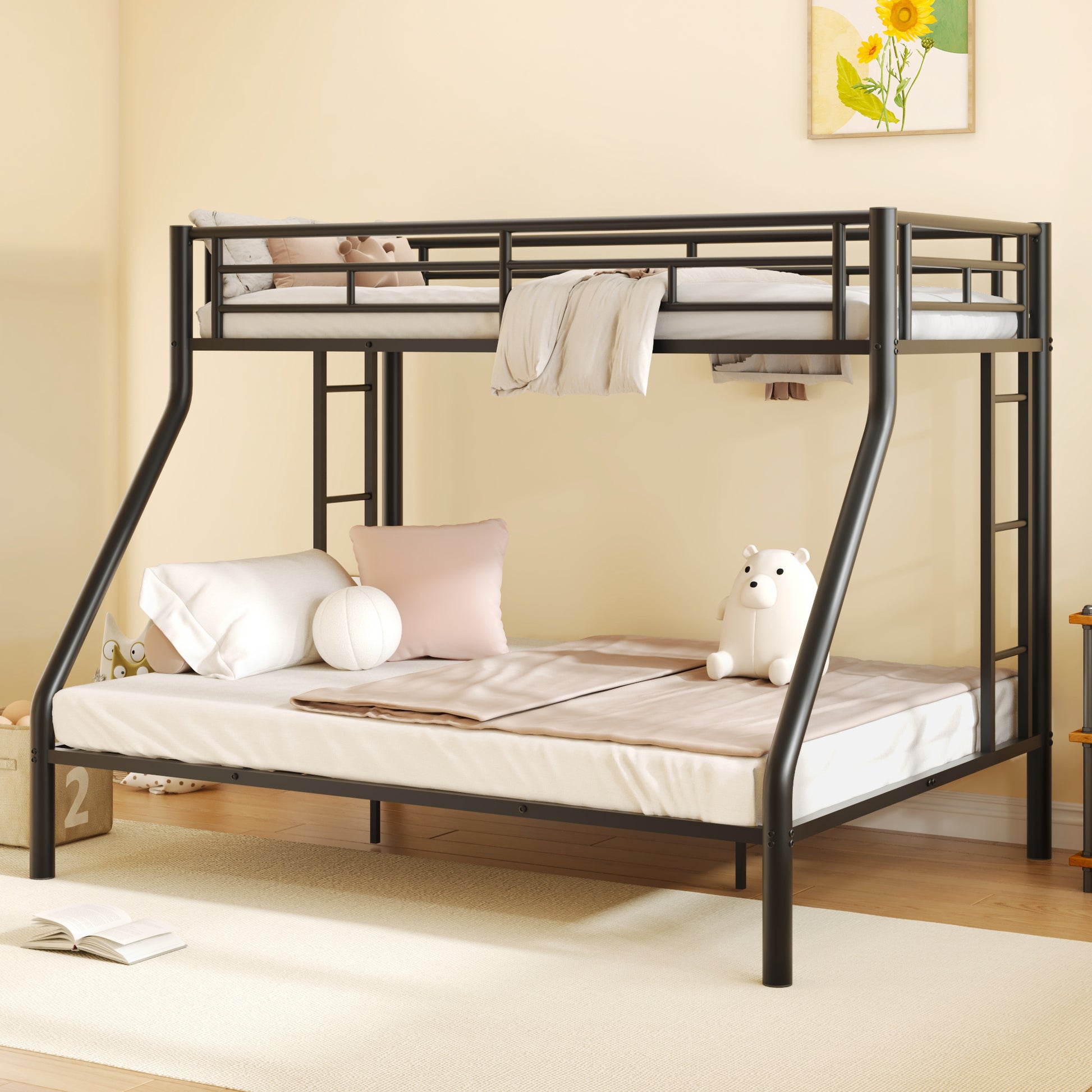 Twin Xl Over Queen Metal Bunk Bed With Ladder And Guardrails, Black Expected Arrival Time: 9.7 Box Spring Not Required Twin Xl Black Metal Metal