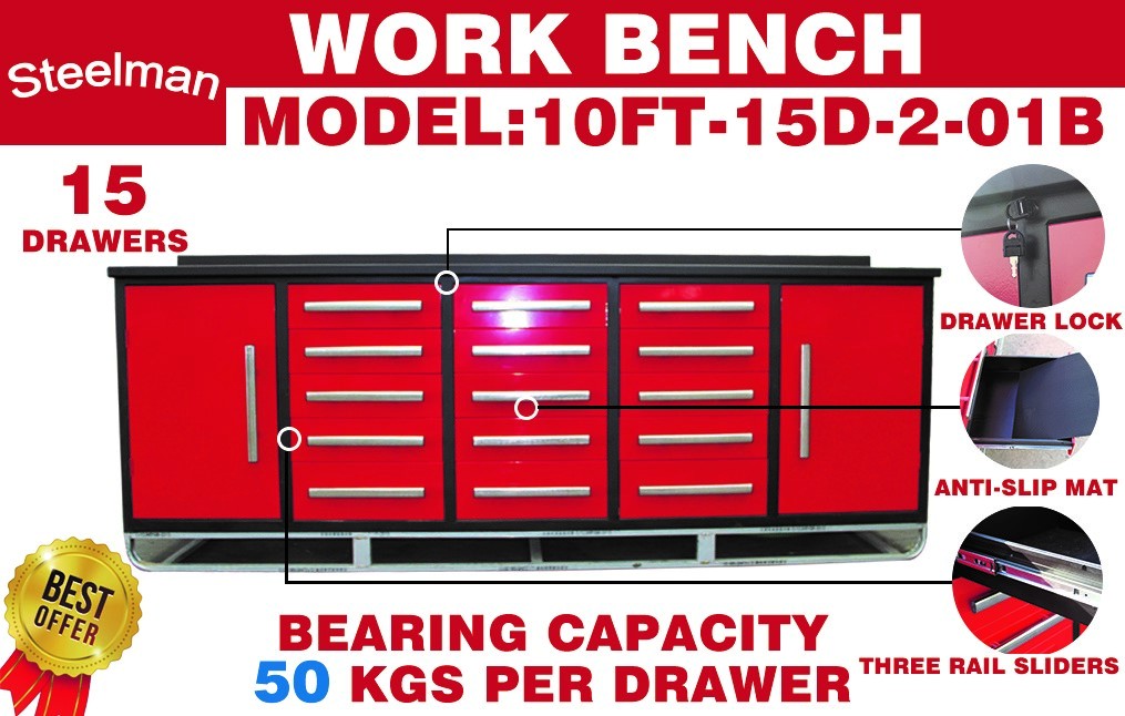 10Ft Storage Cabinet With Work Bench 15 Drawers & 2 Cabinets Red Steel