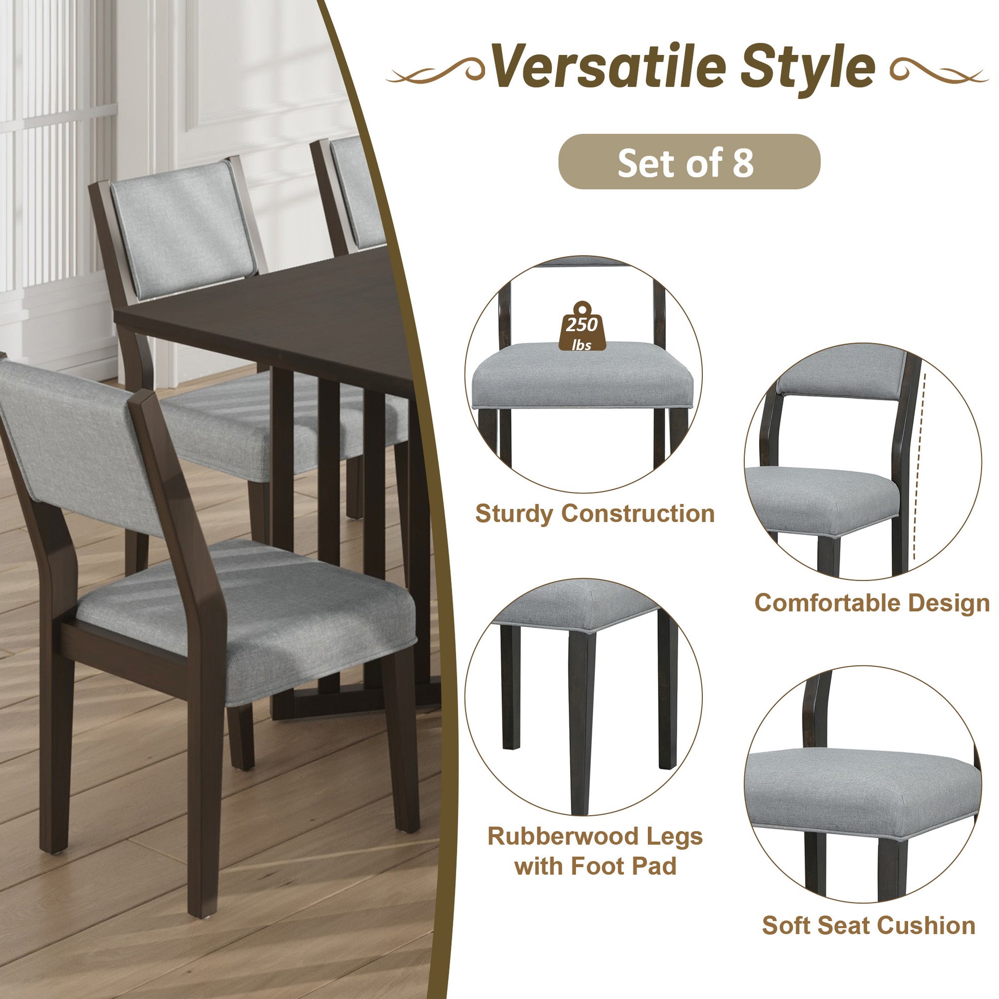 Farmhouse 9 Piece 83.9Inch Extendable Dining Table Set With 2 12 Inch Removable Leaves And 8 Upholstered Dining Chairs, Espresso Wood Dining Room Solid Wood Rubberwood Rectangular Dining Table With Chair Upholstered Chair Wood Espresso Seats 8 Removable