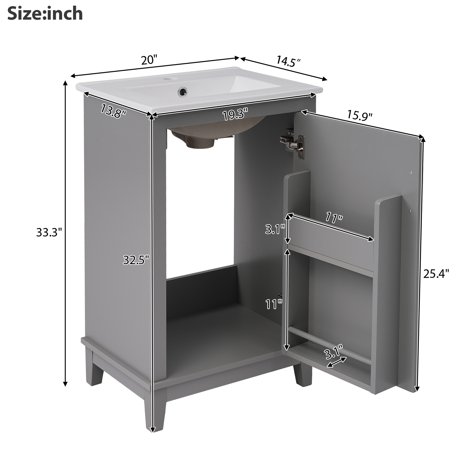 Viedo 20 Inch Modern Small Bathroom Vanity Cabinet With Ceramic Basin 20*15.5*33.3 Inches,Ample Storage,1 Soft Close Door Gray Solid Wood Mdf