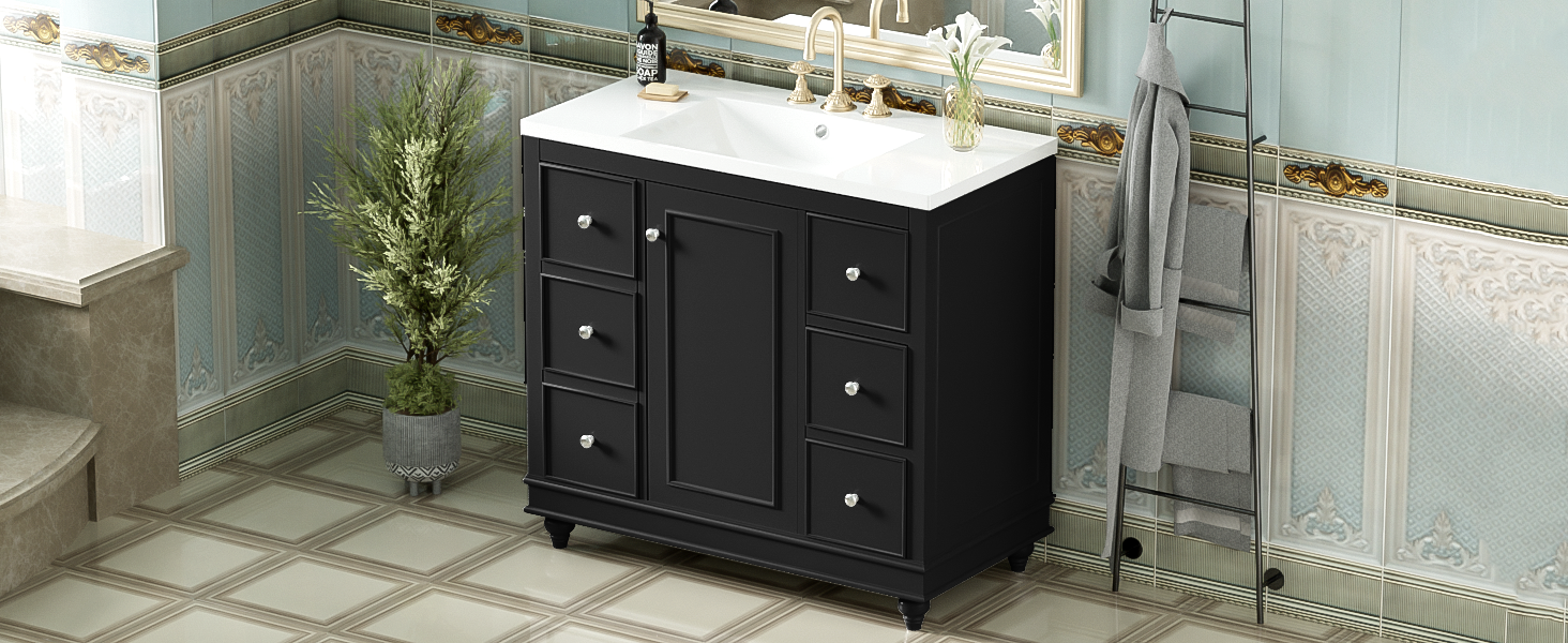 Contemporary Black Bathroom Vanity Cabinet 36X18X34 Inches, 4 Drawers & 1 Cabinet Door, Multipurpose Storage, Resin Integrated Sink, Adjustable Shelves, Solid Wood Frame With Mdf Black Bathroom