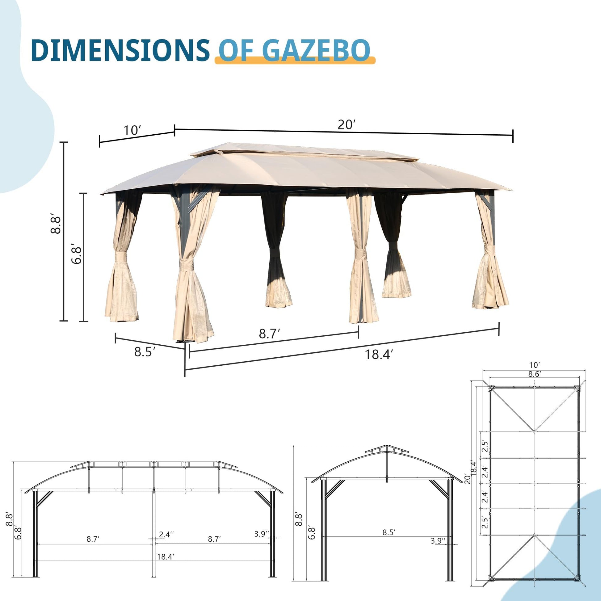 Gazebo 10X20Ft, Outdoor Gazebo With Double Roofs, Privacy Curtains, Mosquito Nettings, Heavy Duty Metal Frame Party Tent Canopy For Patio, Backyard, Deck, Lawn, Brown Brown Garden & Outdoor Steel