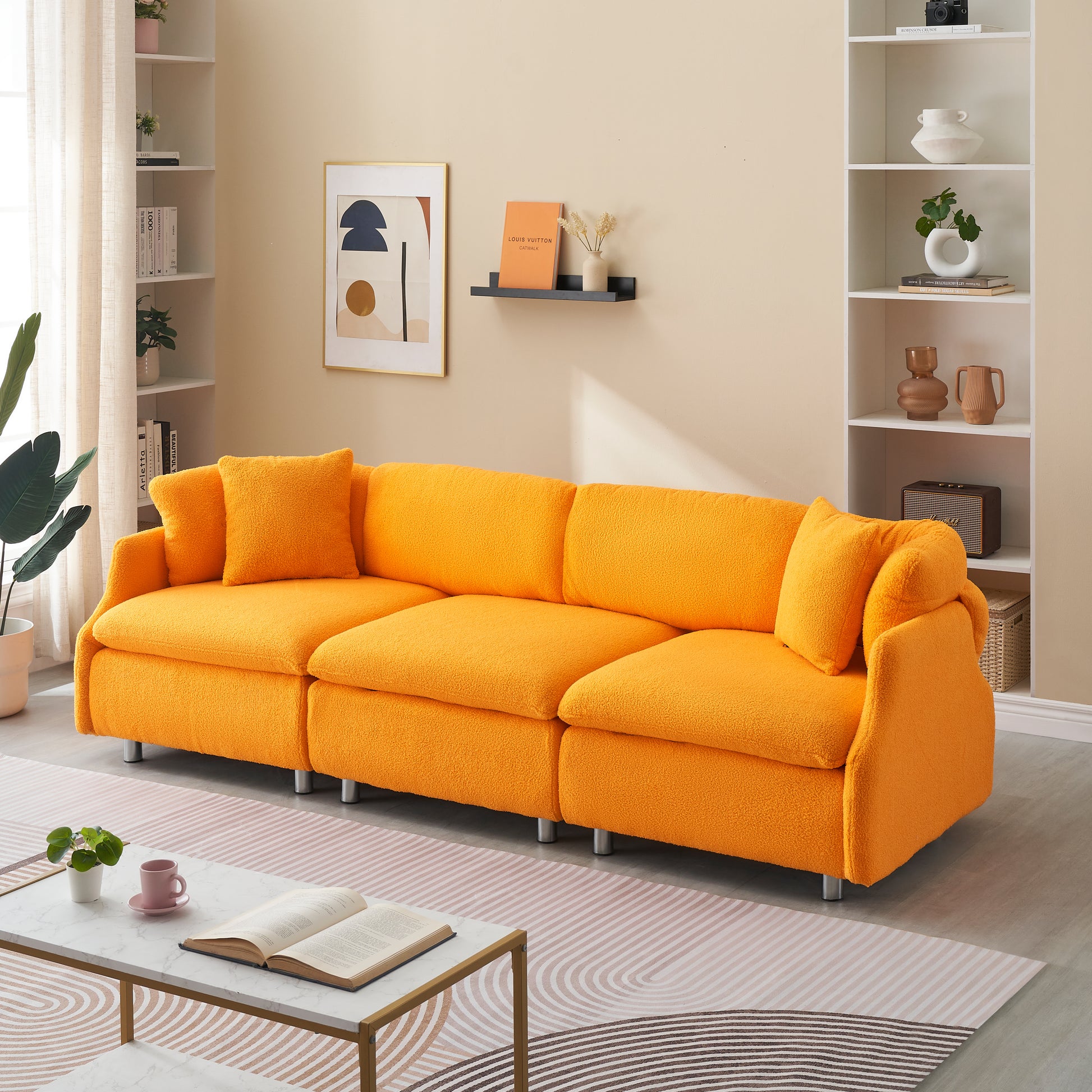 95.3 Inches Velvet Grey Two Throw Pillows, Spacious And Comfortable 3 Seat Sofa, Suitable For Modern Living Room. Orange Orange Teddy 3 Seat