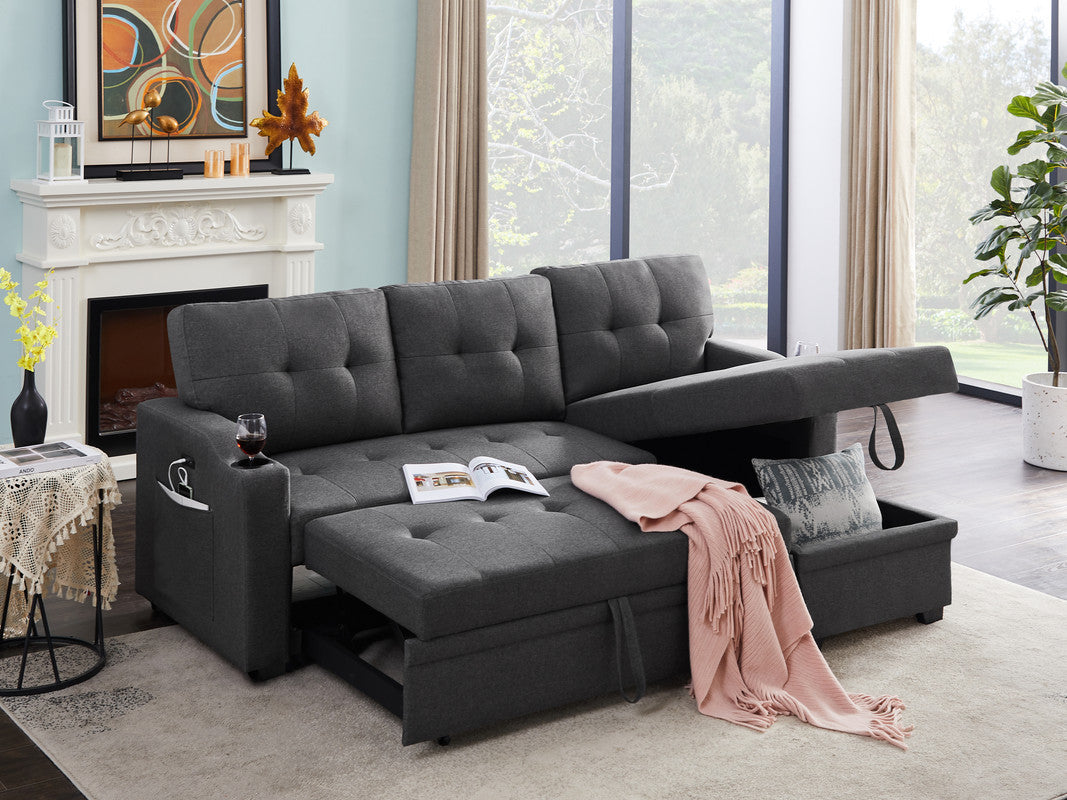 Mabel 83" Dark Gray Linen Fabric Sleeper Sectional With Cupholder, Usb Charging Port And Pocket Dark Gray Linen