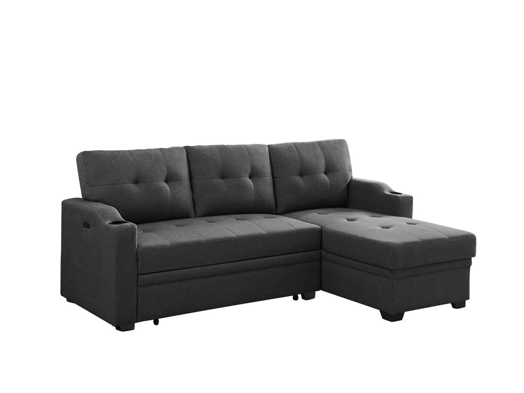 Mabel 83" Dark Gray Linen Fabric Sleeper Sectional With Cupholder, Usb Charging Port And Pocket Dark Gray Linen