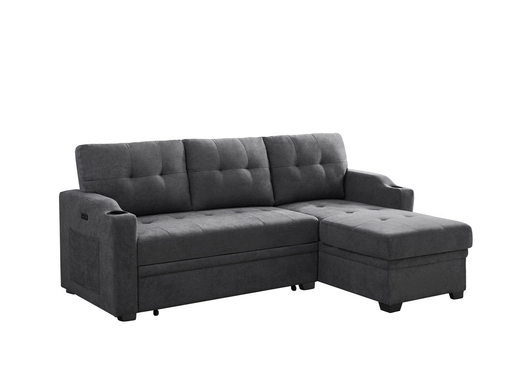 Mabel 83" Dark Gray Woven Fabric Sleeper Sectional With Cupholder, Usb Charging Port And Pocket Dark Gray Fabric