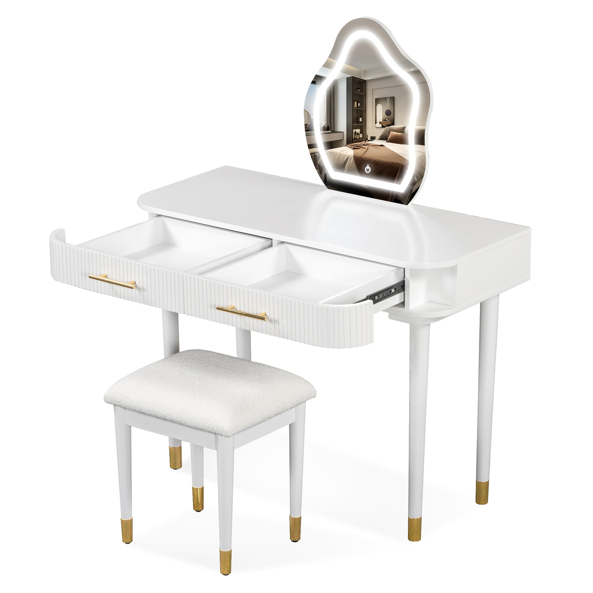 40" Modern Vanity Table Set With Mirror Touch Screen Lighted Mirror, Dressing Table And Cushioned Stool Set With 2 Large Drawers, White White 2 Drawers Rubberwood Mdf,Rubber Wood,Tempered Glass