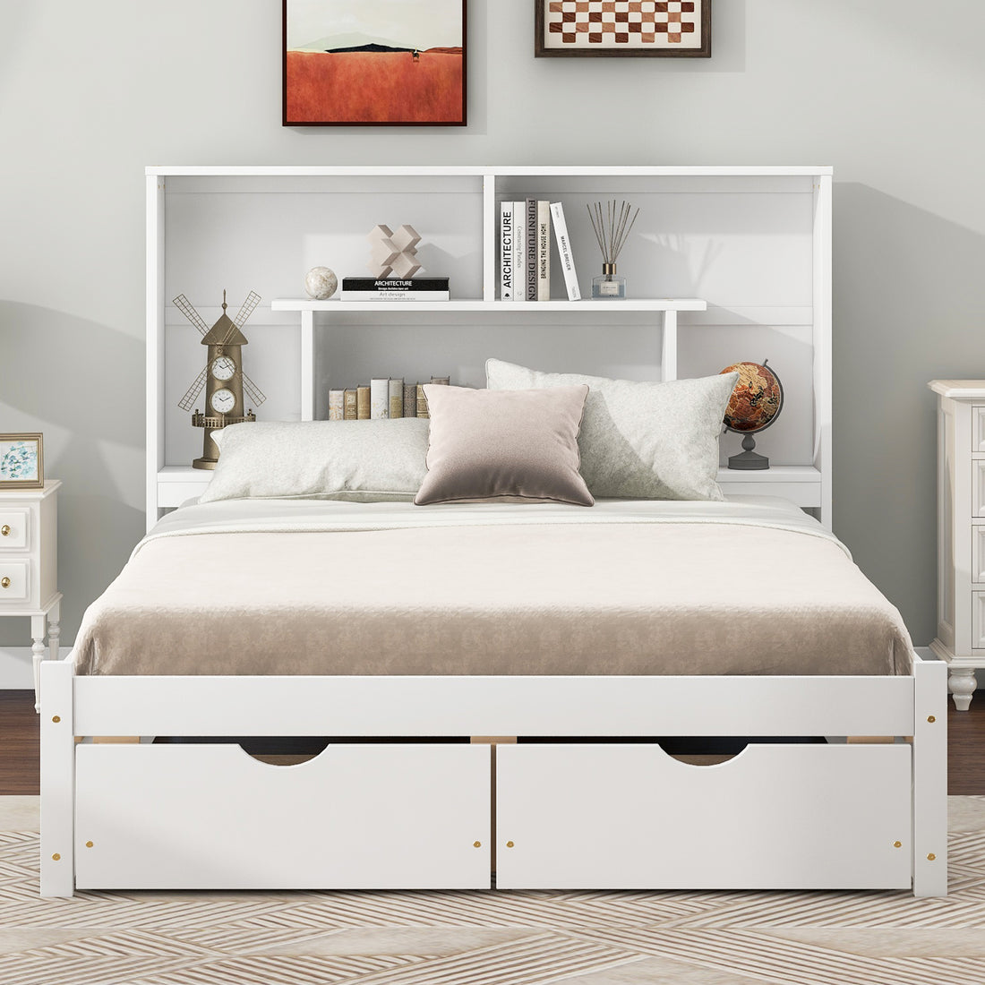 Full Size Platform Bed With Storage Headboard And 2 Drawers, White Box Spring Not Required Full White Wood Bedroom Bed Frame Solid Wood Mdf