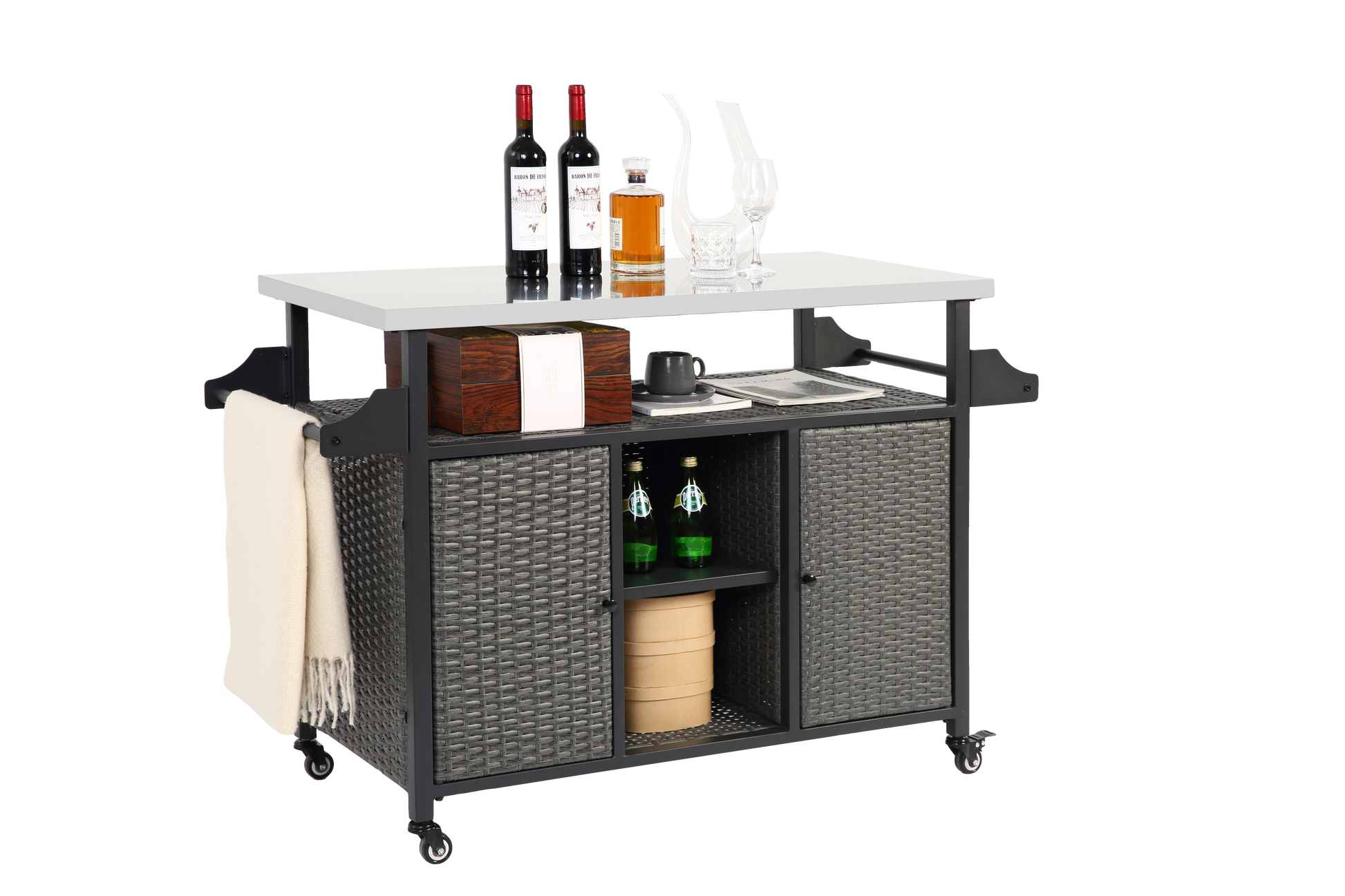 Large Bar Cart,Outdoor Kitchen Wicker Island Rolling Cart & Storage Cabinet, Wheels And Stainless Steel Extended Table Top, Side Handle For Patio Kitchen Or Bar Cart, Grey No Grey Garden & Outdoor