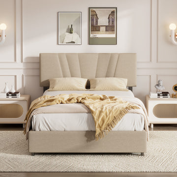 Queen Upholstered Platform Bed With Lifting Storage, Queen Size Bed Frame With Storage And Tufted Headboard,Wooden Queen Platform Bed For Kids Teens Adults,No Box Spring Needed Queen, Beige Box Spring Not Required Queen Light Beige Wood Bedroom American