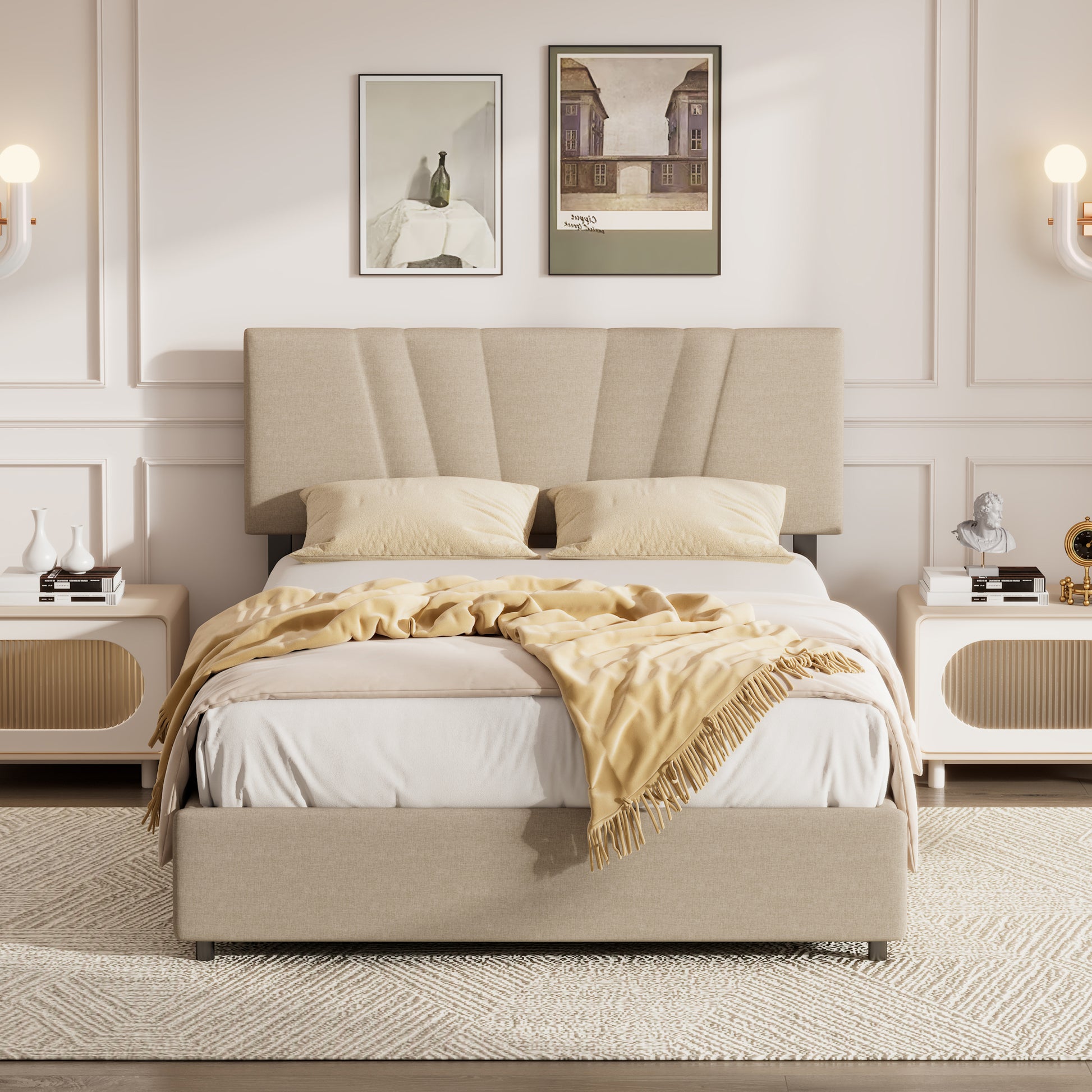 Full Upholstered Platform Bed With Lifting Storage, Full Size Bed Frame With Storage And Tufted Headboard,Wooden Full Platform Bed For Kids Teens Adults,No Box Spring Needed,Light Beige Box Spring Not Required Full Light Beige Wood Bedroom American