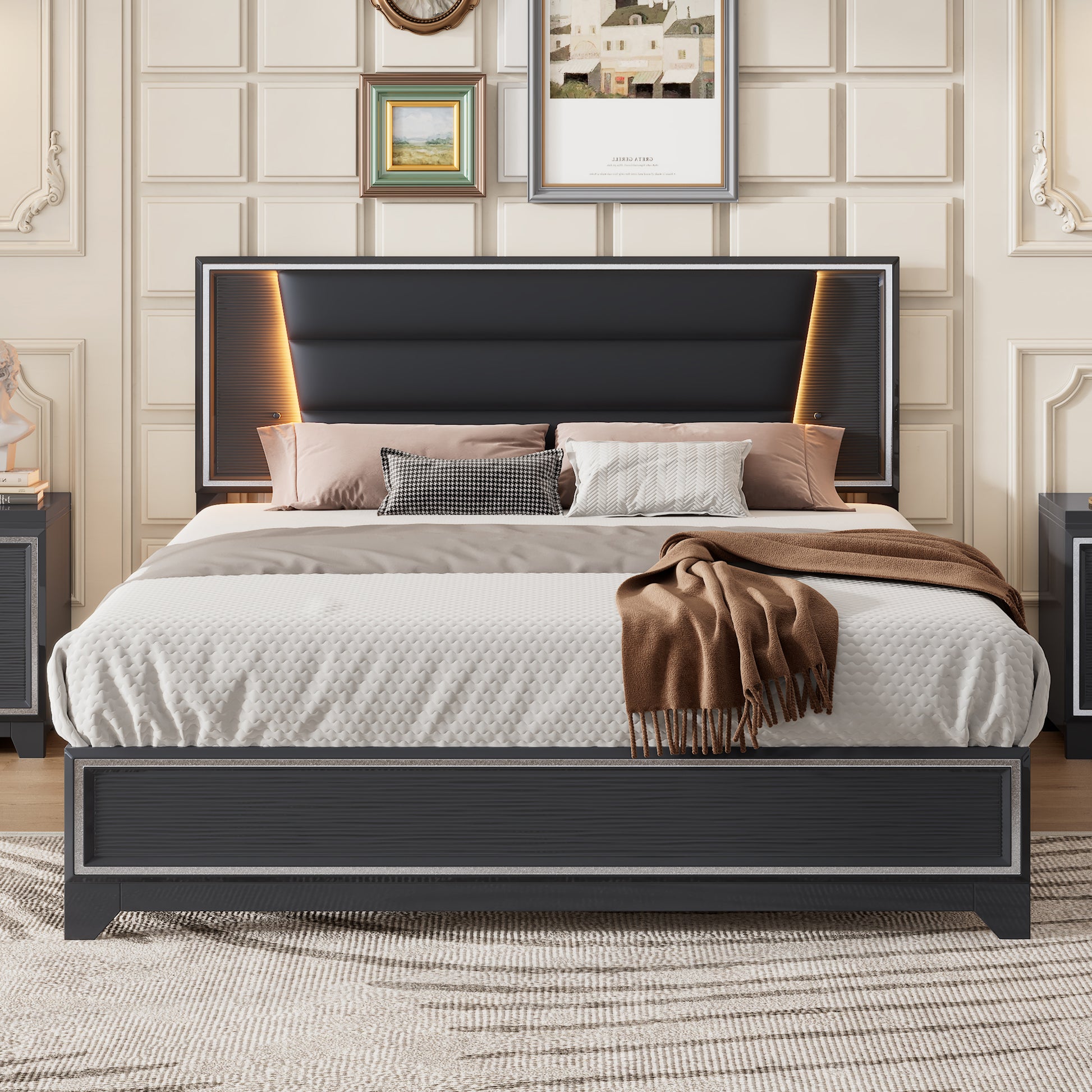 Queen Size Pu Upholstered Bed, Headboard With Led Light Strips And Sparkling Shiny Decoration, No Box Spring Required, Black Queen Black Pu