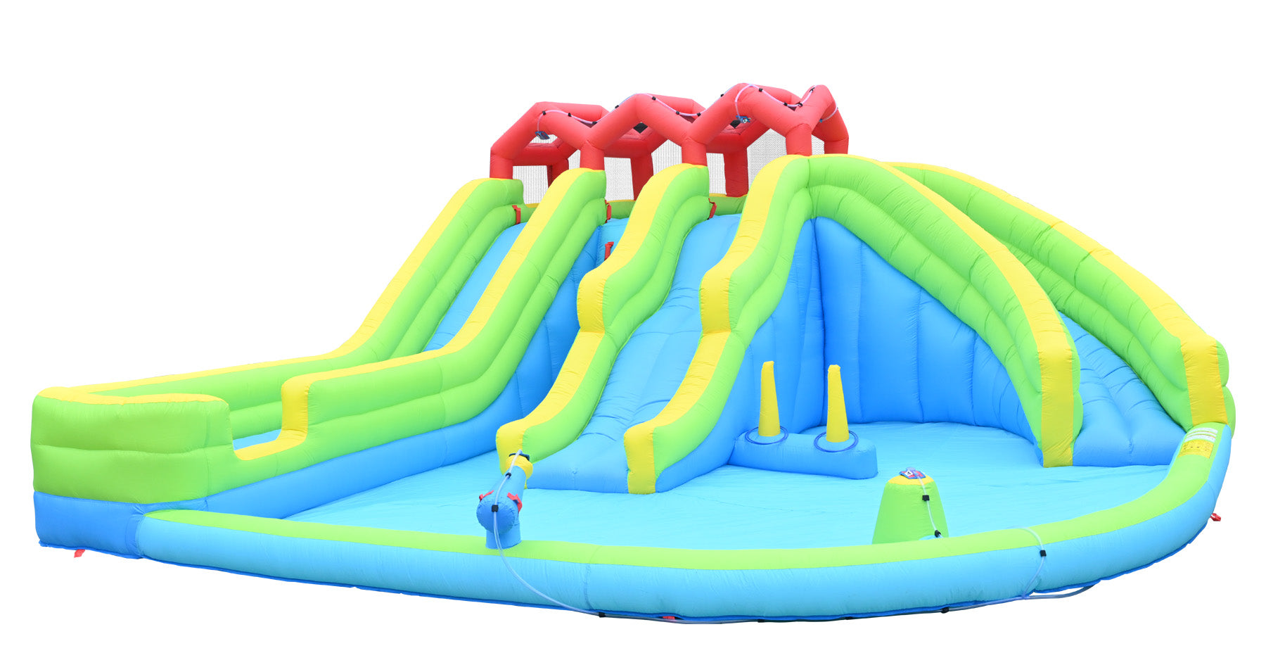 7 In1 Inflatable Water Park Three Slide With Blower Water Sprinkler Fountain Climbing Wall For Children Multicolor Oxford Fabric