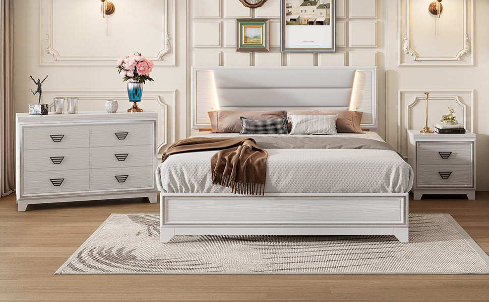 3 Pieces Bedroom Sets Queen Size Upholstered Bed With Led Lights, Nightstands And Dresser With Metal Handles And Sparkling Shiny Decoration, White Expected Arrival Time:8.5 Queen White 3 Piece Set Mdf Metal