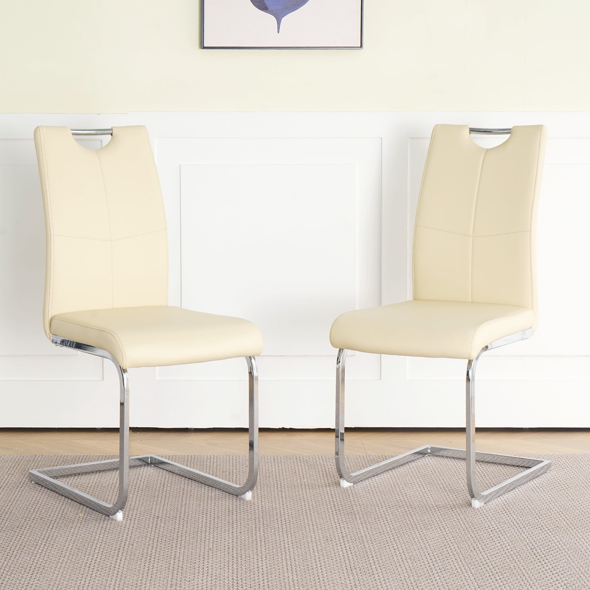 Modern Pu Dining Chair Living Room Chair Upholstered Chair, Electroplated Metal Legs Design, Kitchen, Living Room, Bedroom, Dining Room Side Chair Set Of 2 Cream Metal