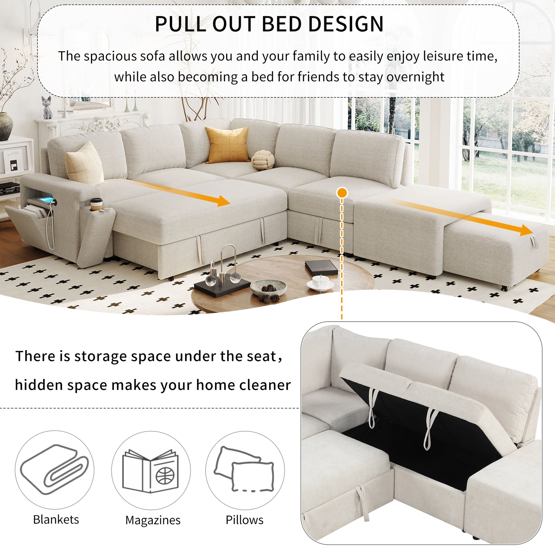 L Shaped Padded Modular Sofa With Storage Space, Usb Ports, And Cup Holders On The Armrests, Suitable For Living Rooms, Offices, And Apartments. Beige Wood Polyester 5 Seat