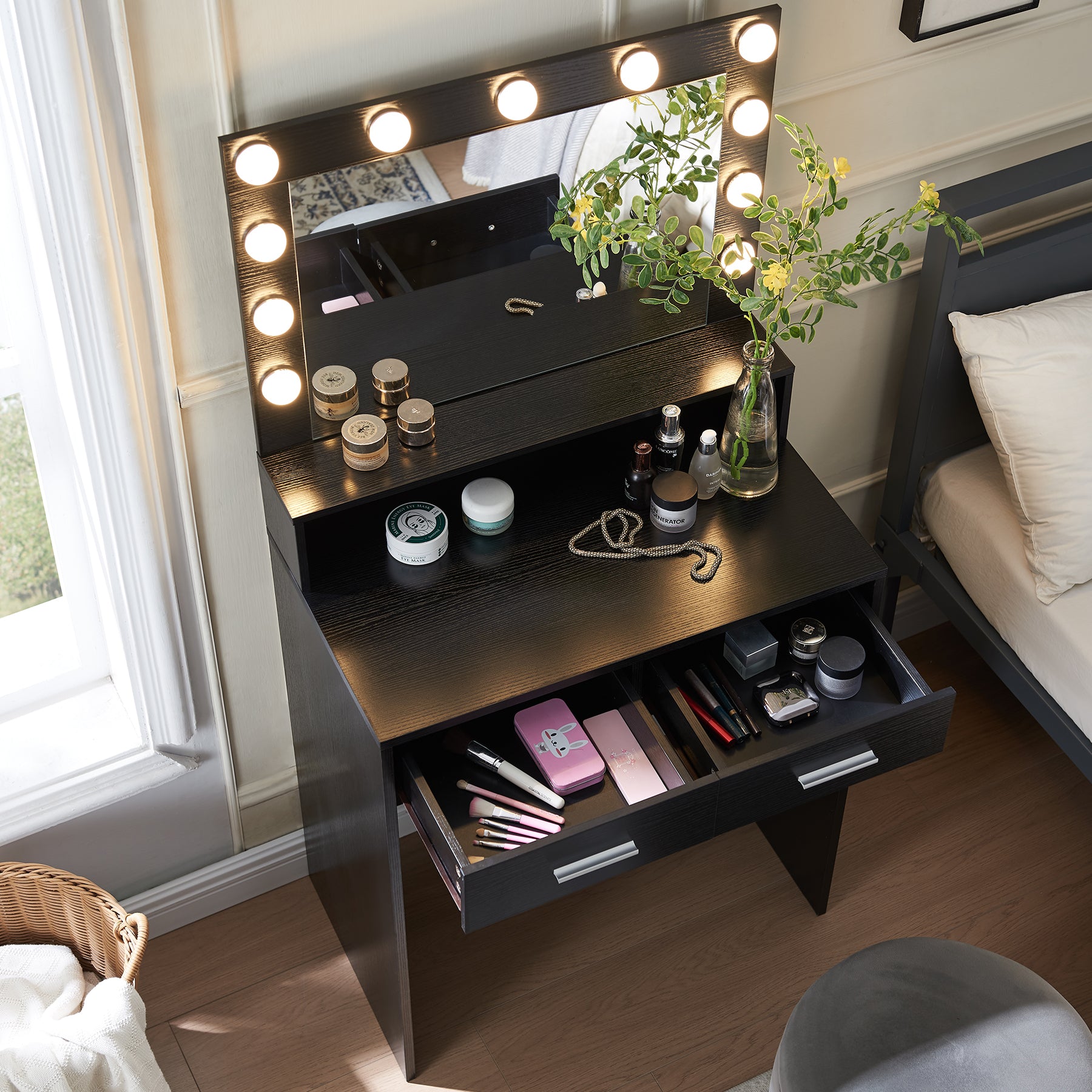 Vanity Desk With Mirror And Lights, Dressing Table With Large Drawer, 2 Level Storage Dresser & 3 Lighting Modes Adjustable Brightness, Suitable For Bedroom Black Black Particle Board