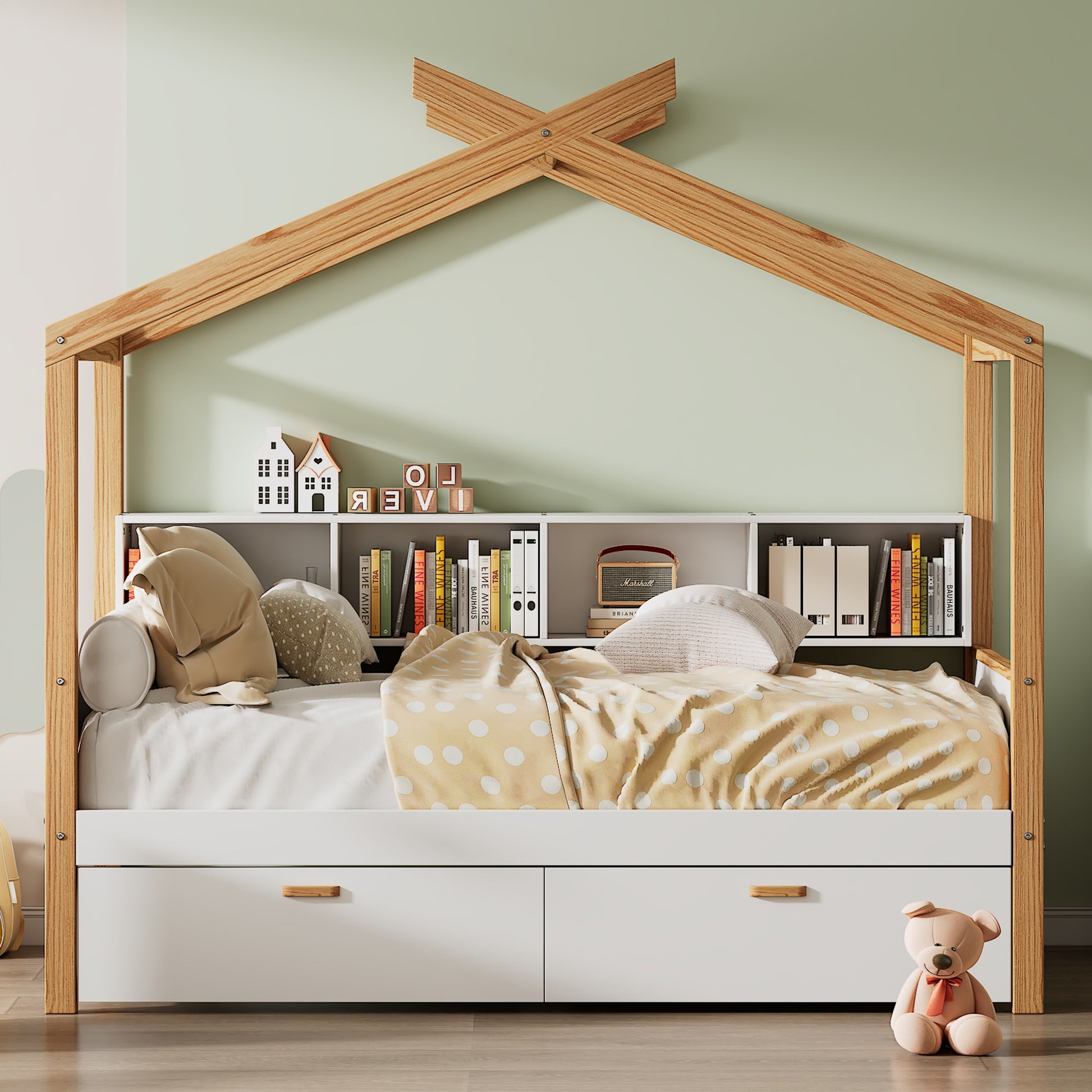 White Twin Size Wooden House Bed Original Wood Colored Frame With Two Drawers And Bookshelf Storage Space For Children Or Guest Room Twin White Wood