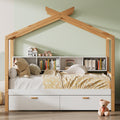 White Full Size Wooden House Bed Original Wood Colored Frame With Two Drawers And Bookshelf Storage Space For Children Or Guest Room Full White Wood