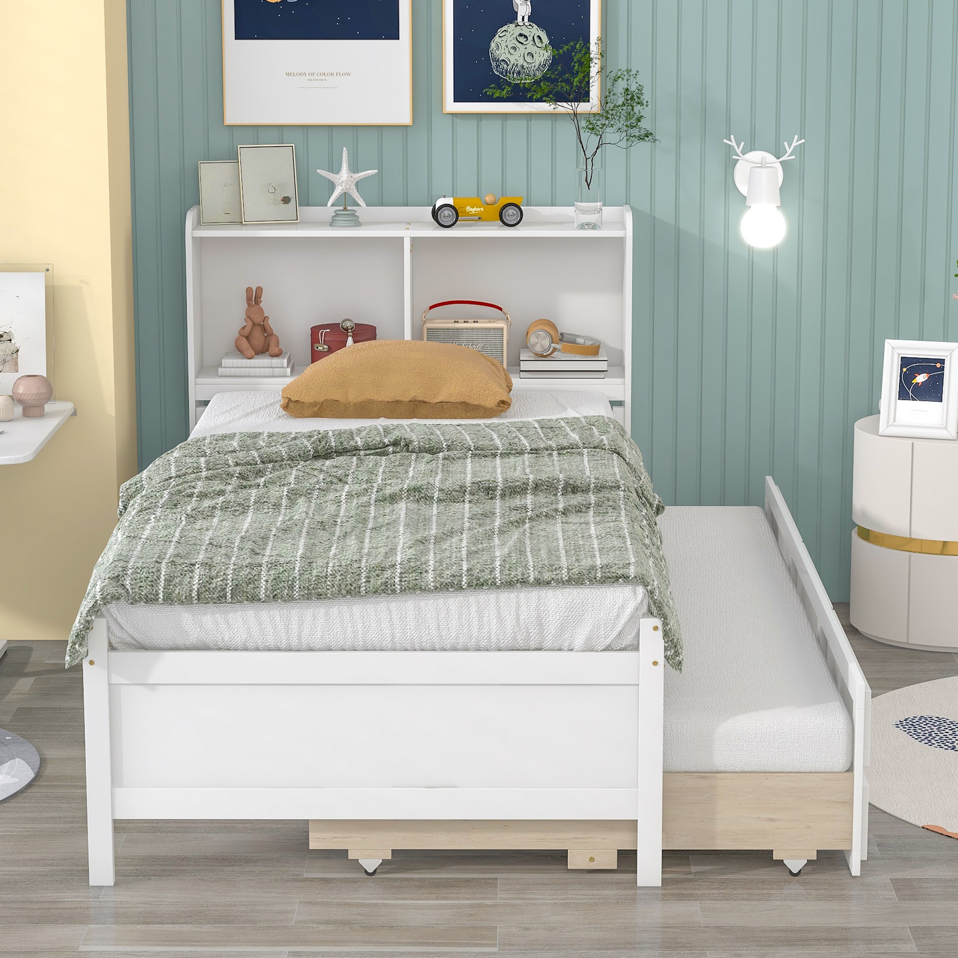 Twin Bed With Bookcase,Twin Trundle,Drawers,White Twin White Pine