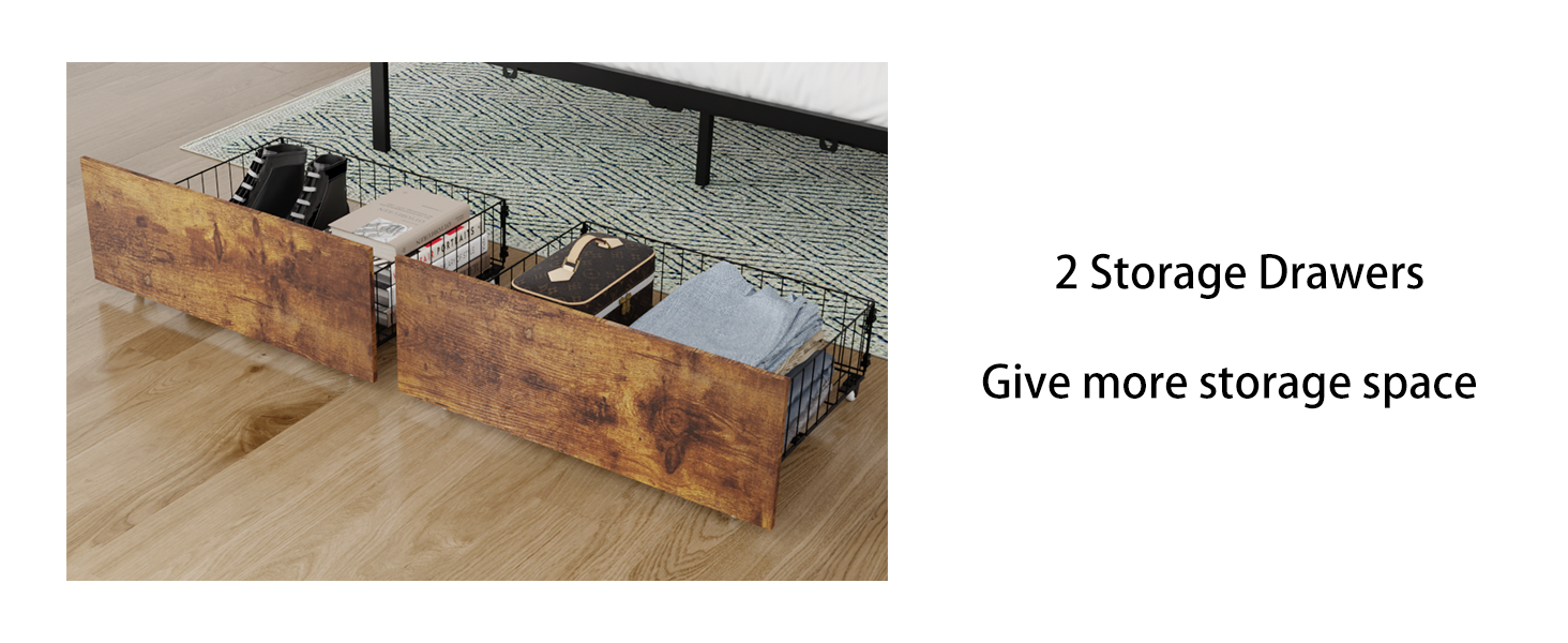 Queen Size Bed Frame With 2 Storage Drawers And Led Lights Headboard, Upholstered King Bed Frame With Charging Station, No Box Spring Needed, Easy Assembly Box Spring Not Required Queen Dark Brown Metal Bedroom Modern Bed Frame Velvet Mdf Metal