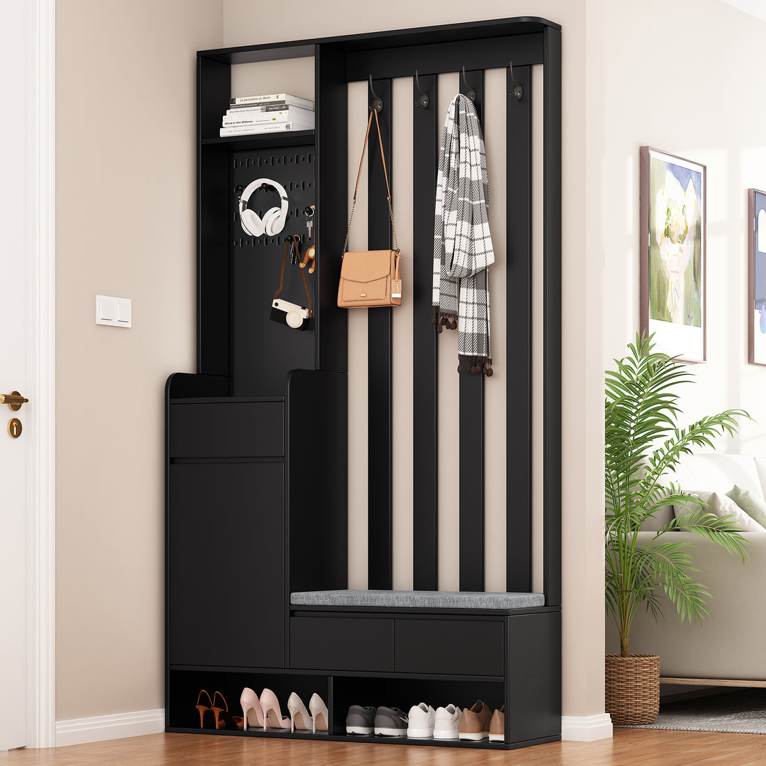 Contemporary 39.3''Wx70.8''H Hall Tree Storage With Cushioned Storage Bench, Multifunctional Hallway Shoe Cabinet With Pegboard, Modern Coat Rack With 4 Hooks For Entryway, Mudroom, Black Black Mdf