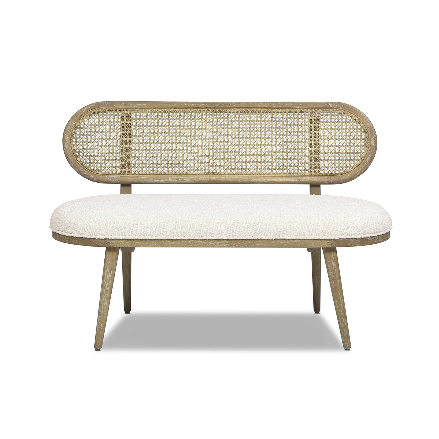 Havana 42" Cane Rattan Upholstered Bench Settee, Ivory White Boucle White Foam Wood Fabric Rattan