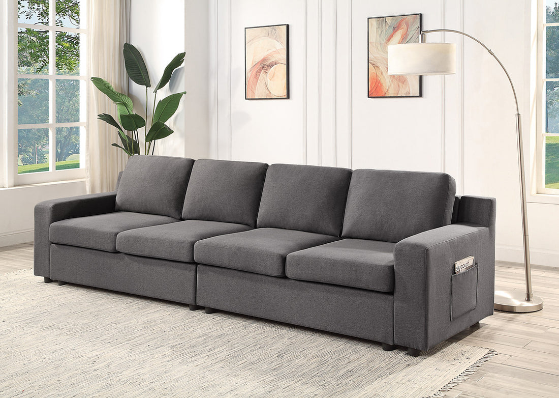 Waylon 119" Gray Linen 4 Seater Sofa With Pockets Gray Linen