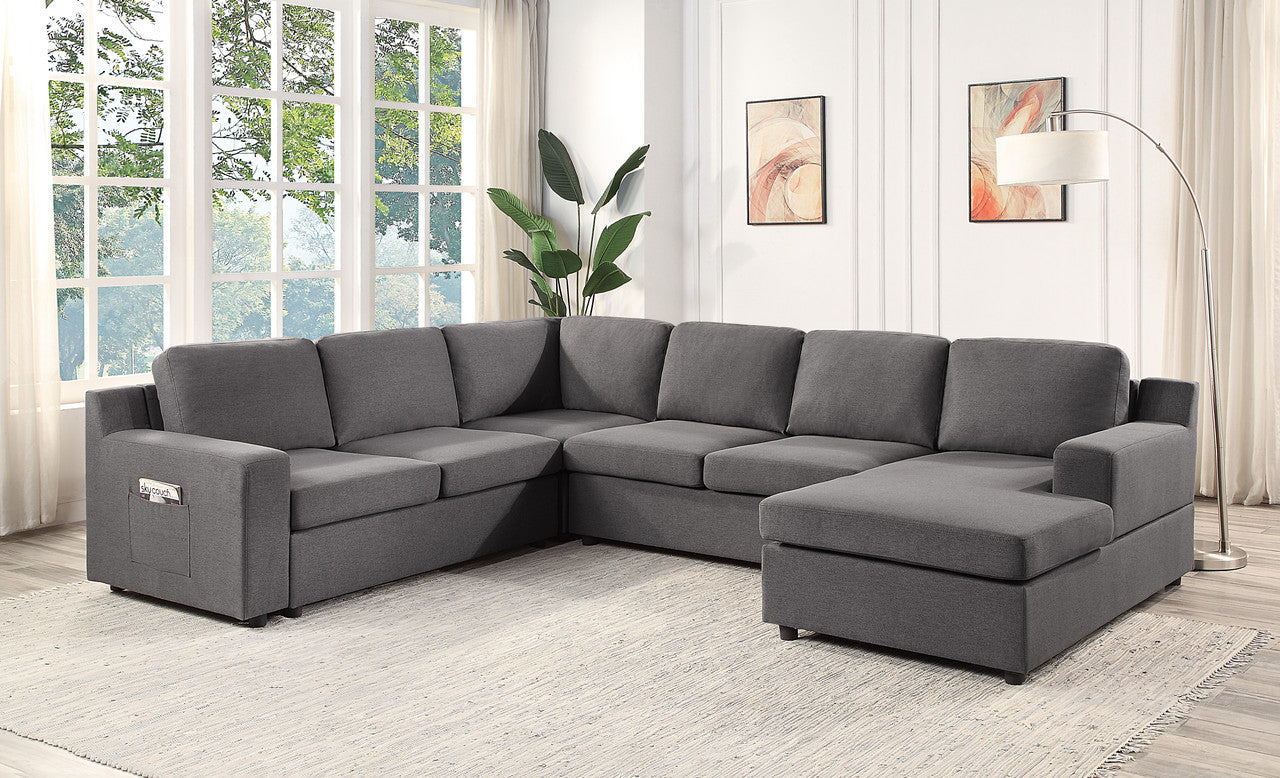 Waylon 119.5" Gray Linen 6 Seater U Shape Sectional Sofa Chaise And Pocket Gray Linen