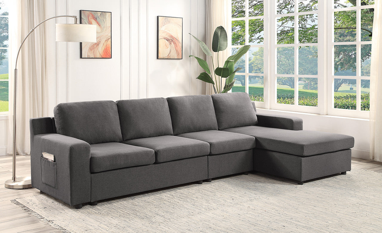 Waylon 119" Gray Linen 4 Seater Sectional Sofa Chaise With Pocket Gray Linen