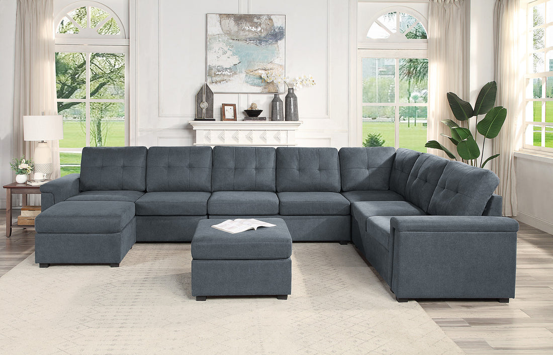 Isla 145" Gray Woven Fabric 9 Seater Sectional Sofa With Ottomans Gray Fabric