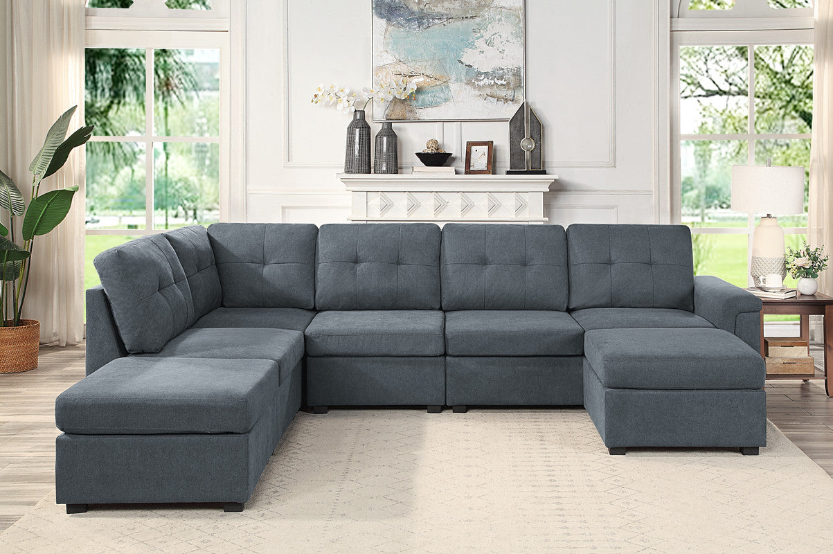 Isla 119" Gray Woven Fabric 7 Seater Sectional Sofa With Ottomans Gray Fabric