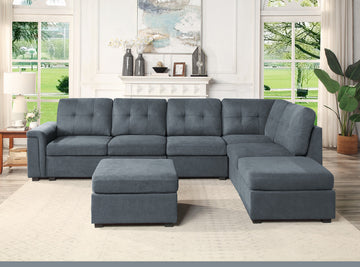 Isla 119" Gray Woven Fabric 7 Seater Sectional Sofa With Ottomans Gray Fabric