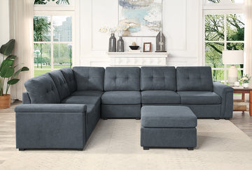 Isla 119" Gray Woven Fabric 7 Seater Sectional Sofa With Ottoman Gray Fabric