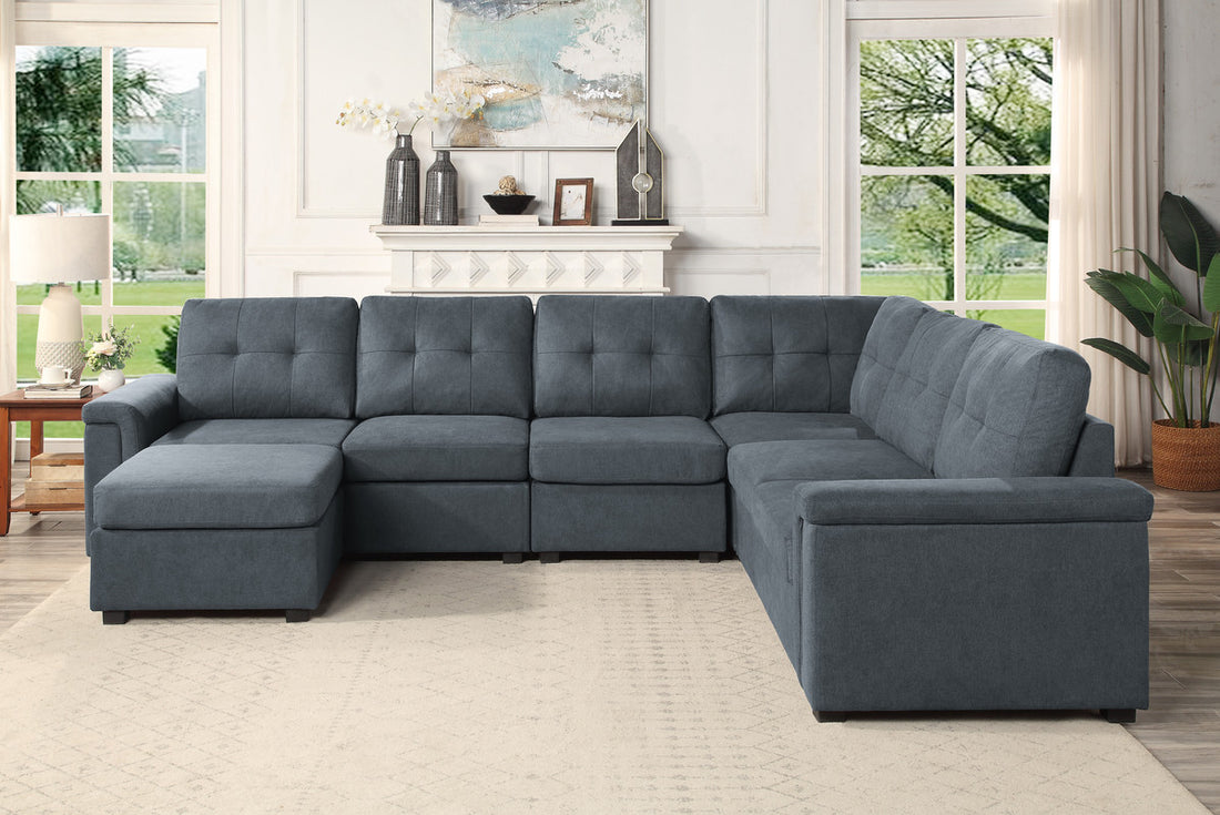 Isla 119" Gray Woven Fabric 7 Seater Sectional Sofa With Ottoman Gray Fabric