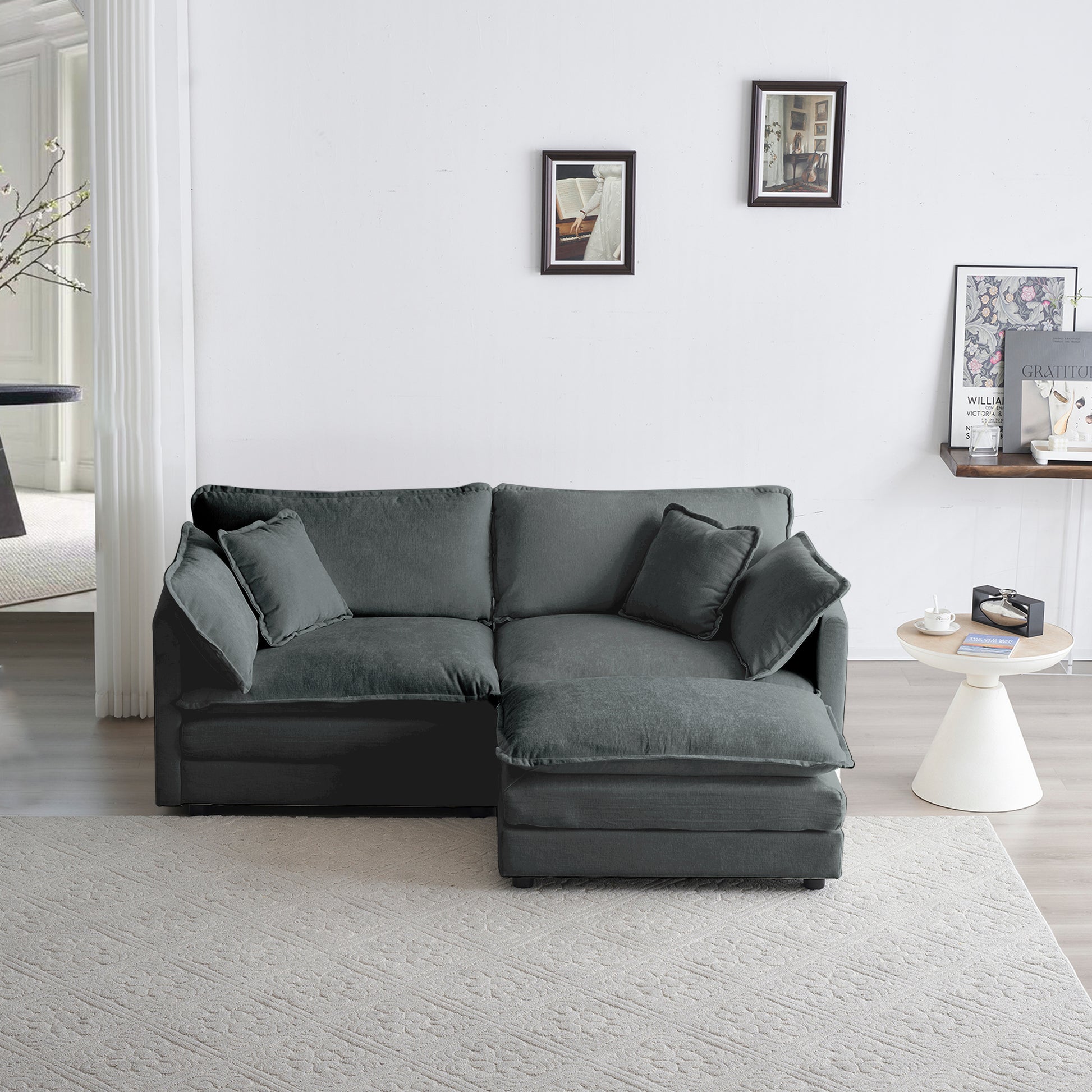 Chenille Two Seater Sofa With 1 Footrest, 2 Seater L Shaped Sectional With Ottoman,Loveseat With Ottoman For Small Living Space, Gray Chenille Gray Chenille 2 Seat