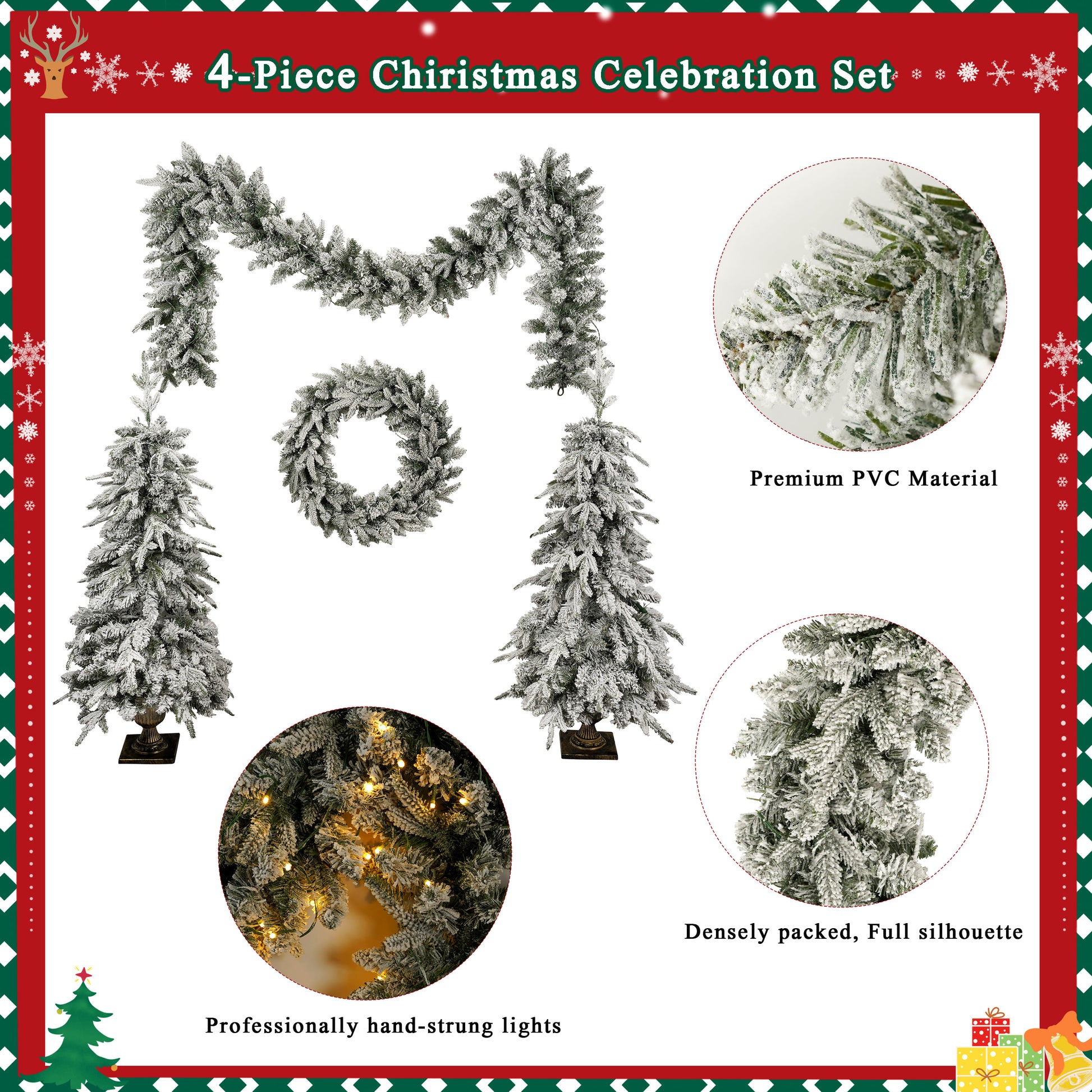 Pre Lit Christmas Artificial Tree 4 Piece Set, Garland, Wreath And Set Of 2 Entrance Trees, X Mas With Led Lights, Pvc Festival Celebration Set, Green Green Pvc