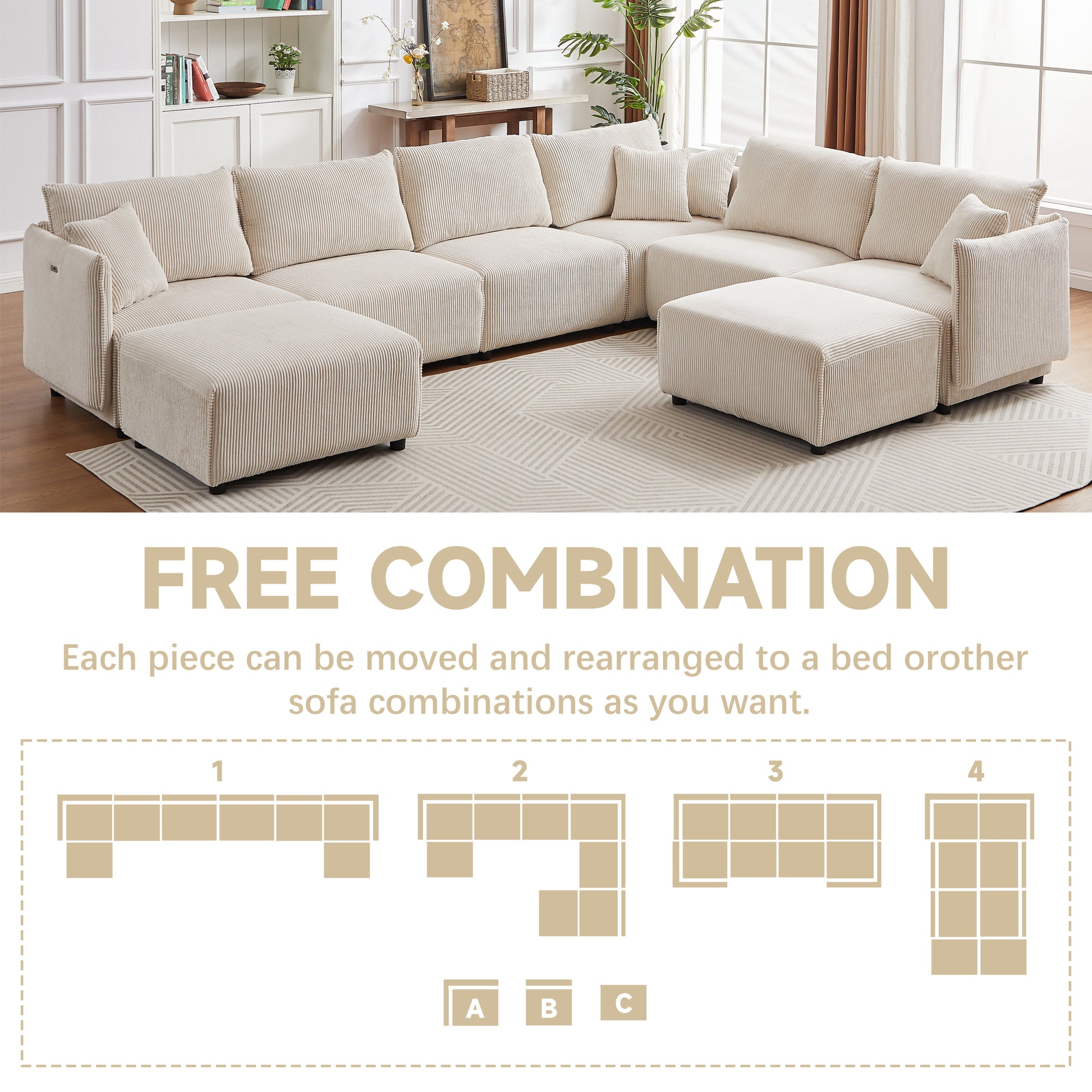 Multi Module Combination Style Sofa For Living Room, Bedroom And Other Lounge Spaces, Modern Minimalist Corduroy Combination Sofa With 2 Comfort Cushions With Usb & C Charging Ports,Beige,Two Sets Beige Foam Fabric 8 Seat