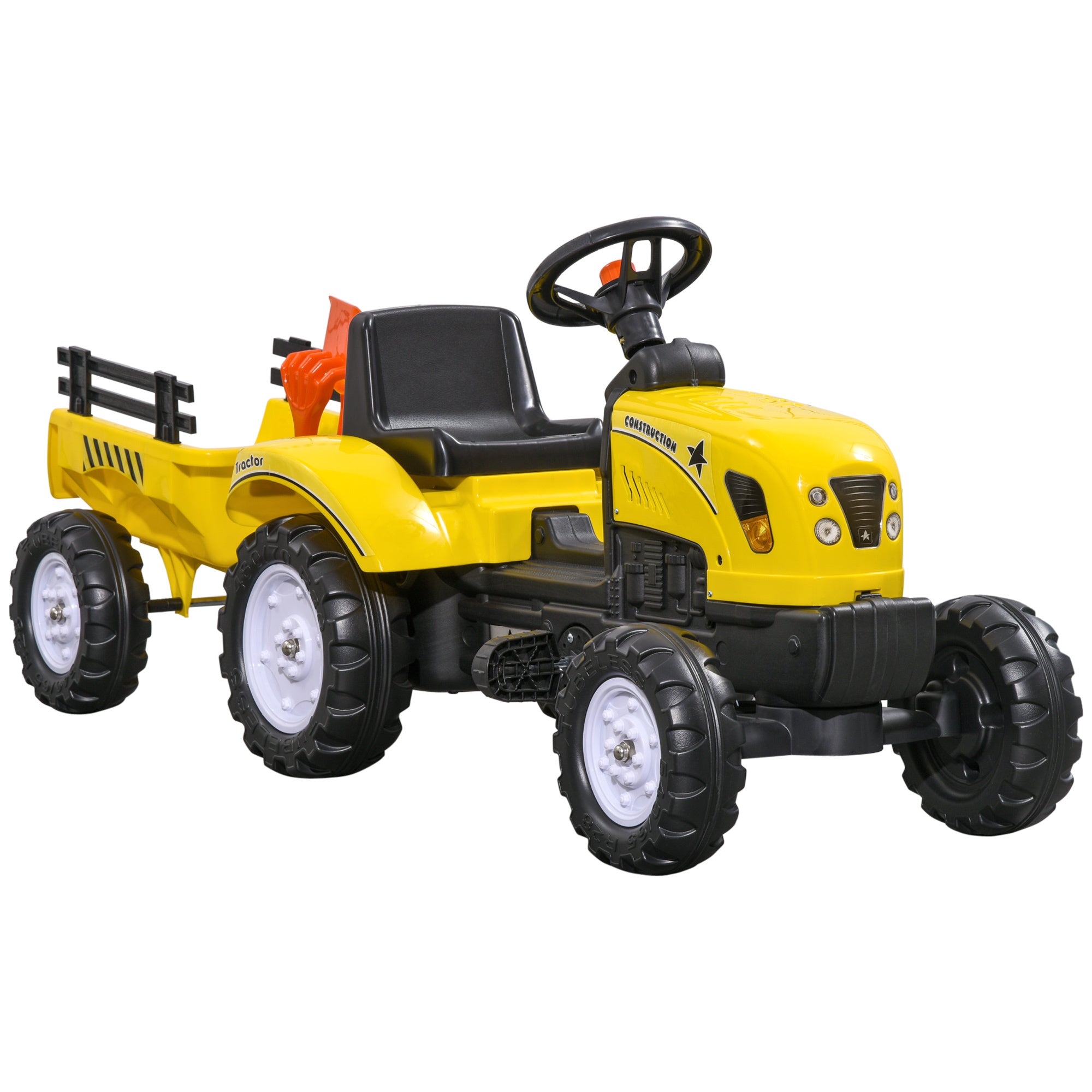 Aosom Kids Ride On Farm Tractor, Manual Pedal Ride On Car With Back Storage Trailer, Shovel & Rake, Horn For Age 3 Years Old, Yellow Yellow Iron Plastic