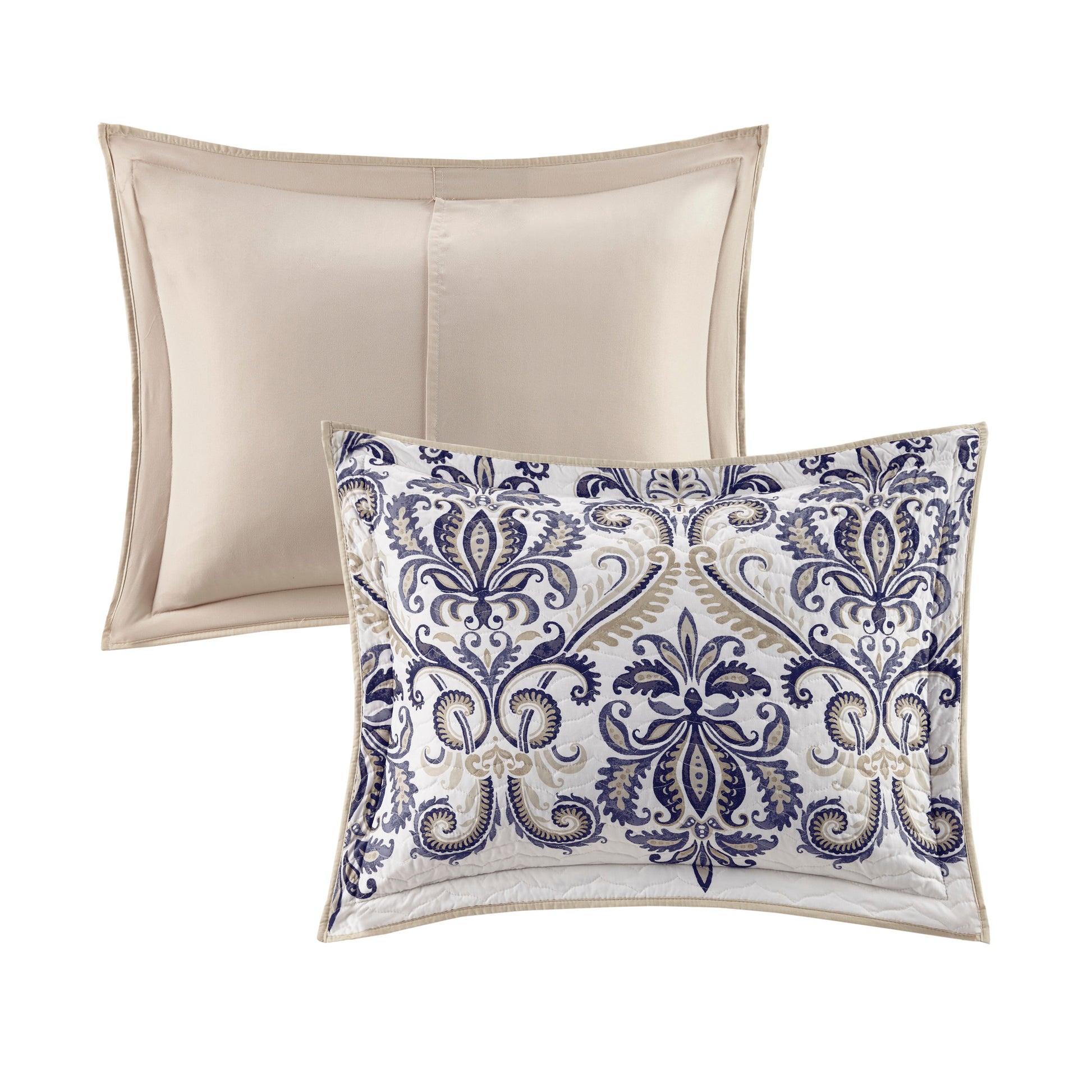 6 Piece Reversible Quilt Set With Throw Pillows Navy Tan King Cal King King Navy Cotton