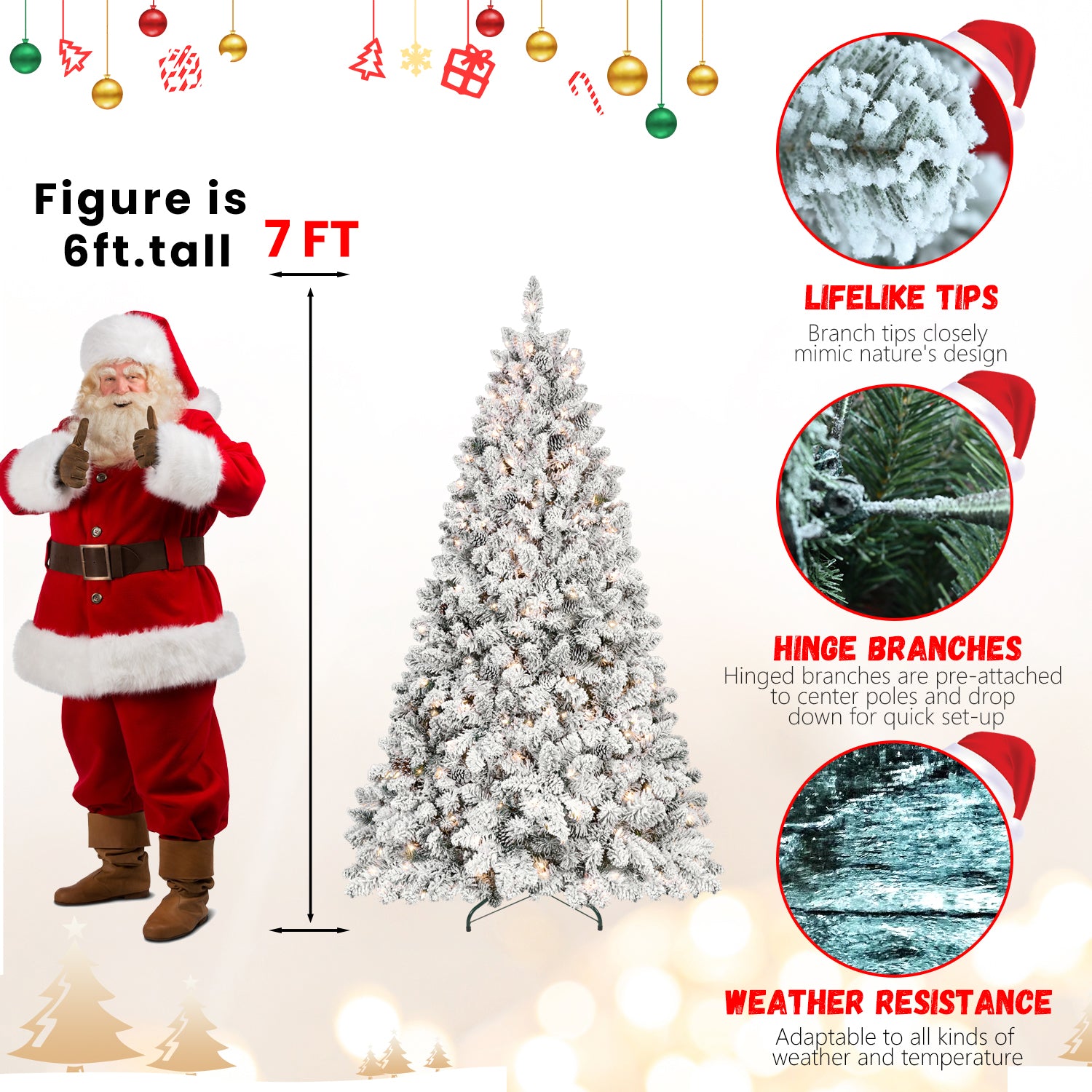 8Ft Snow Flocked Artificial Christmas Tree With Pine Cones, Prelit Xmas Trees, Hinged Easy Assembly & Reinforced Metal Base Ideal For Indoor & Outdoor Festive Decorations White Polyvinyl Chloride