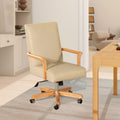 Dumont Modern Farmhouse High Back Executive Home Office Chair, Neutral Cream Beige Leather & Natural Wood Beige Foam Leather