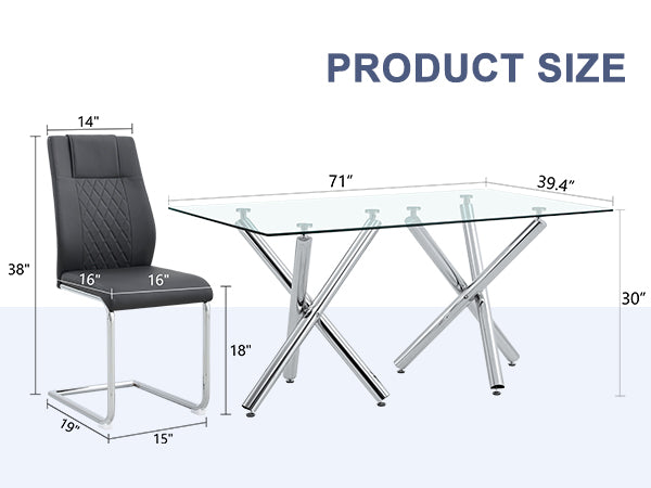 Table And Chair Set.Large Minimalist Rectangular Glass Dining Table For 6 8 With 0.39" Tempered Glass Tabletop And Silver Chrome Metal Legs.Paried With Comfortable Chairs With Pu Seats And Metal Legs. Silver Seats 6 Glass Metal