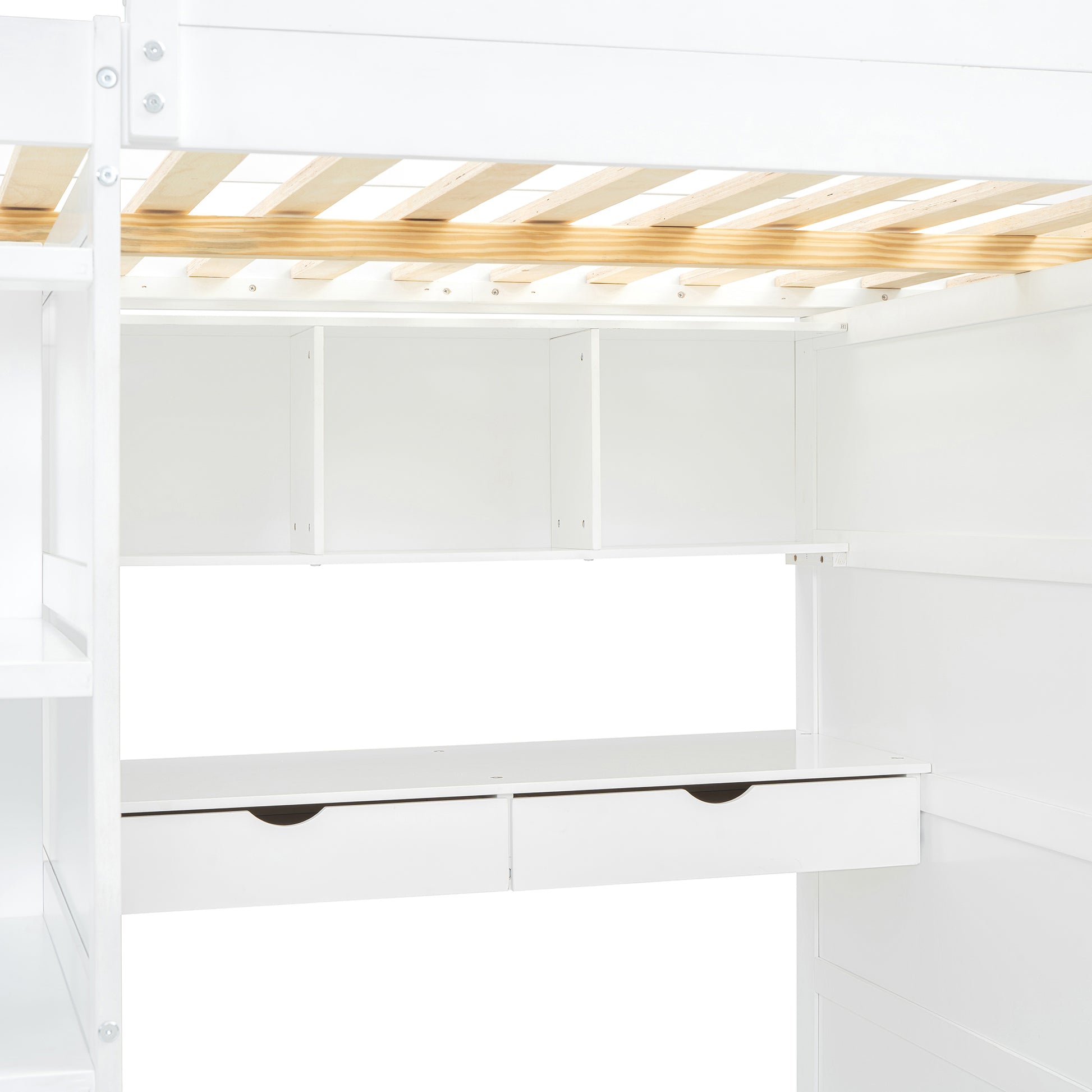 Full Size Loft Bed With Desk, Wardrobes, 4 Drawers And 4 Shelves White Full White Solid Wood