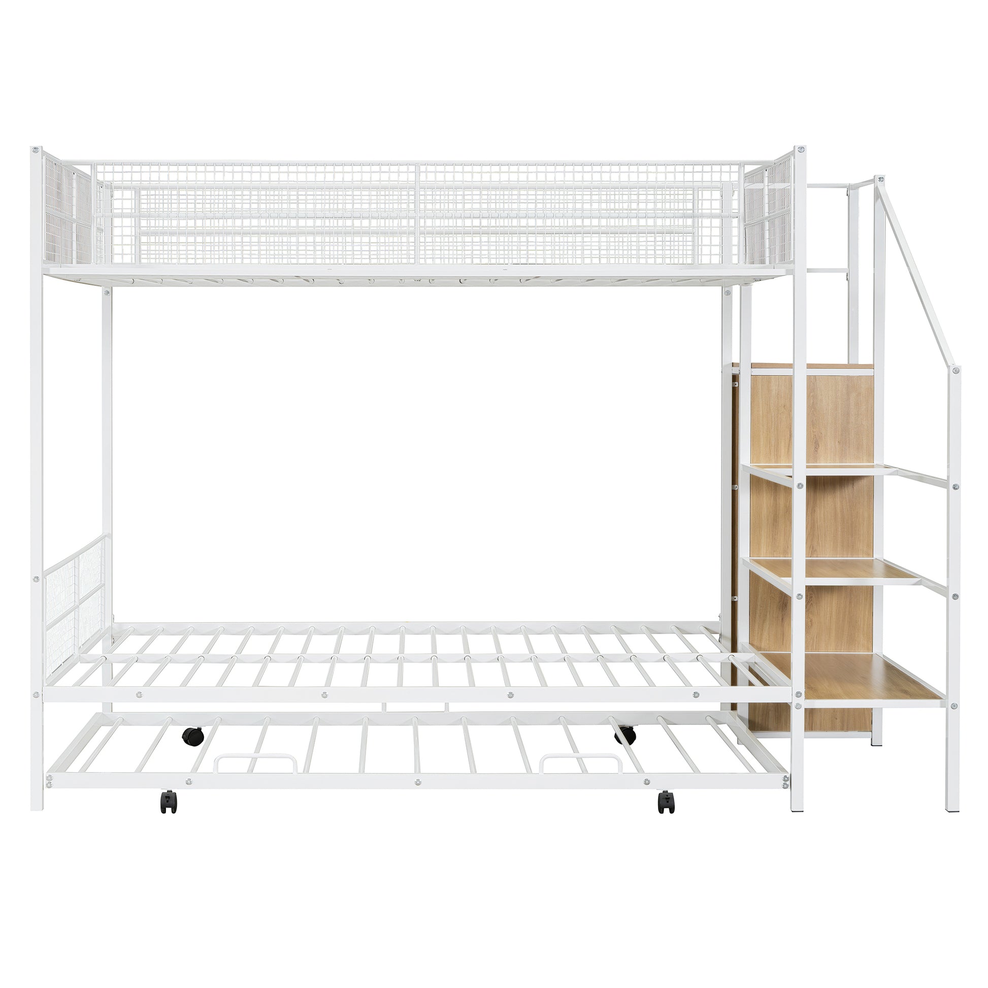 Twin Over Full Metal Bunk Bed With Trundle And Lateral Storage Ladder And Wardrobe, White White Metal