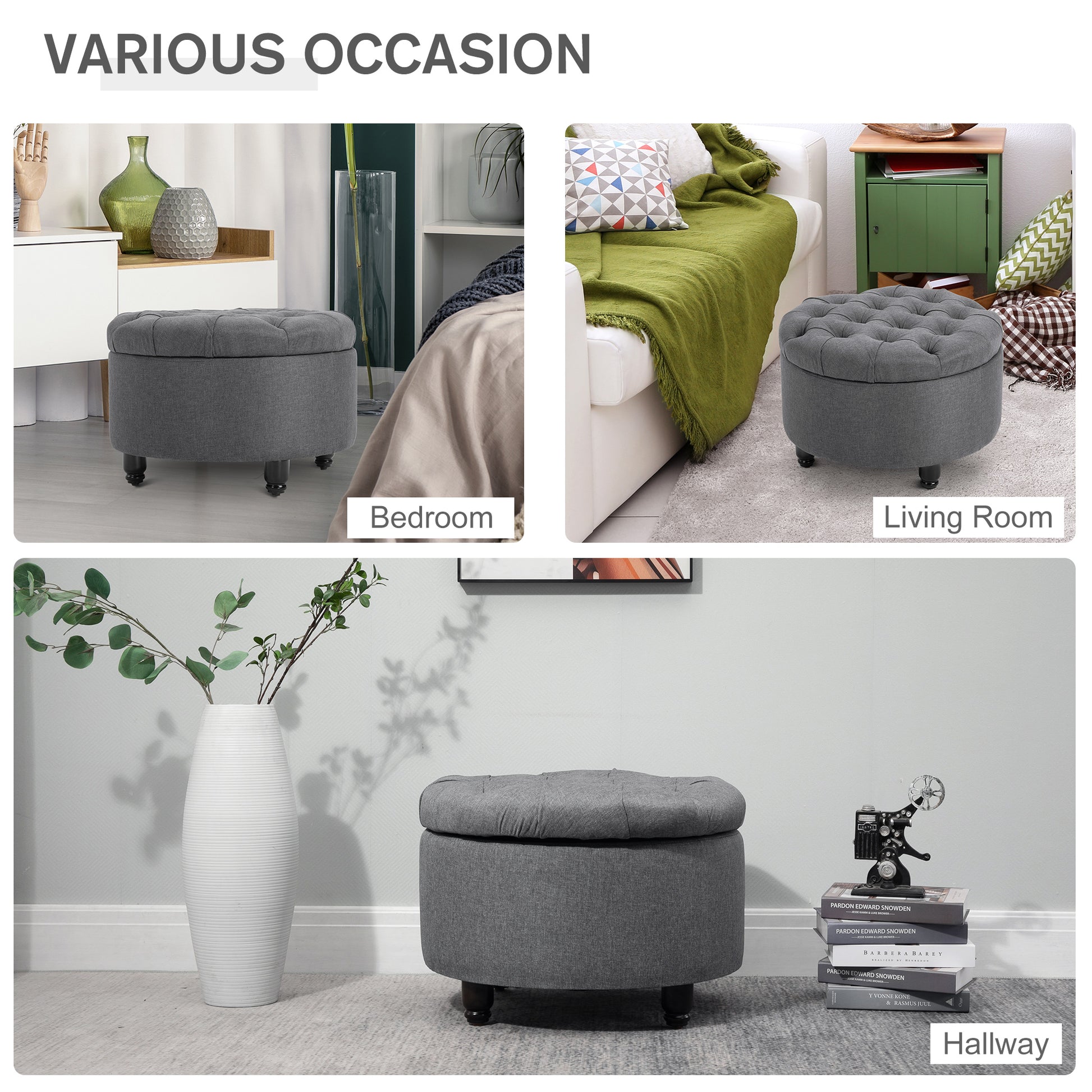 Homcom Round Linen Touch Fabric Storage Footstool Ottoman Button Tufted Footrest With Removable Lid, Grey Grey Fabric