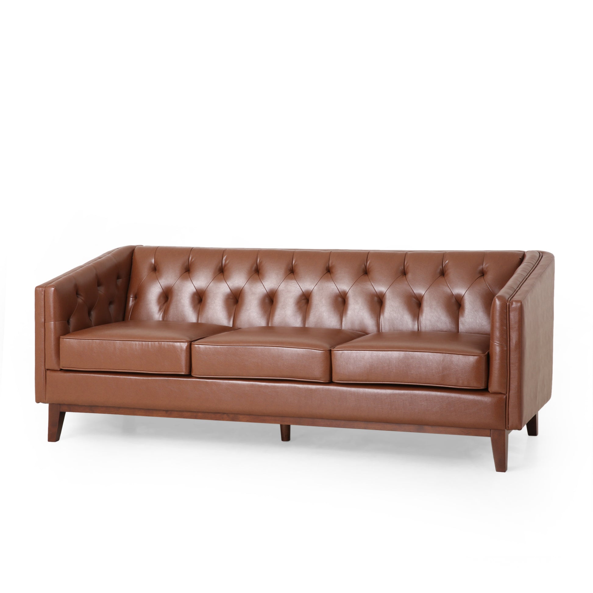 Mirod 81'' Pu Sofa,Tufted Back,Solid Wood Legs,Living Room And Study Light Brown Pu 3 Seat