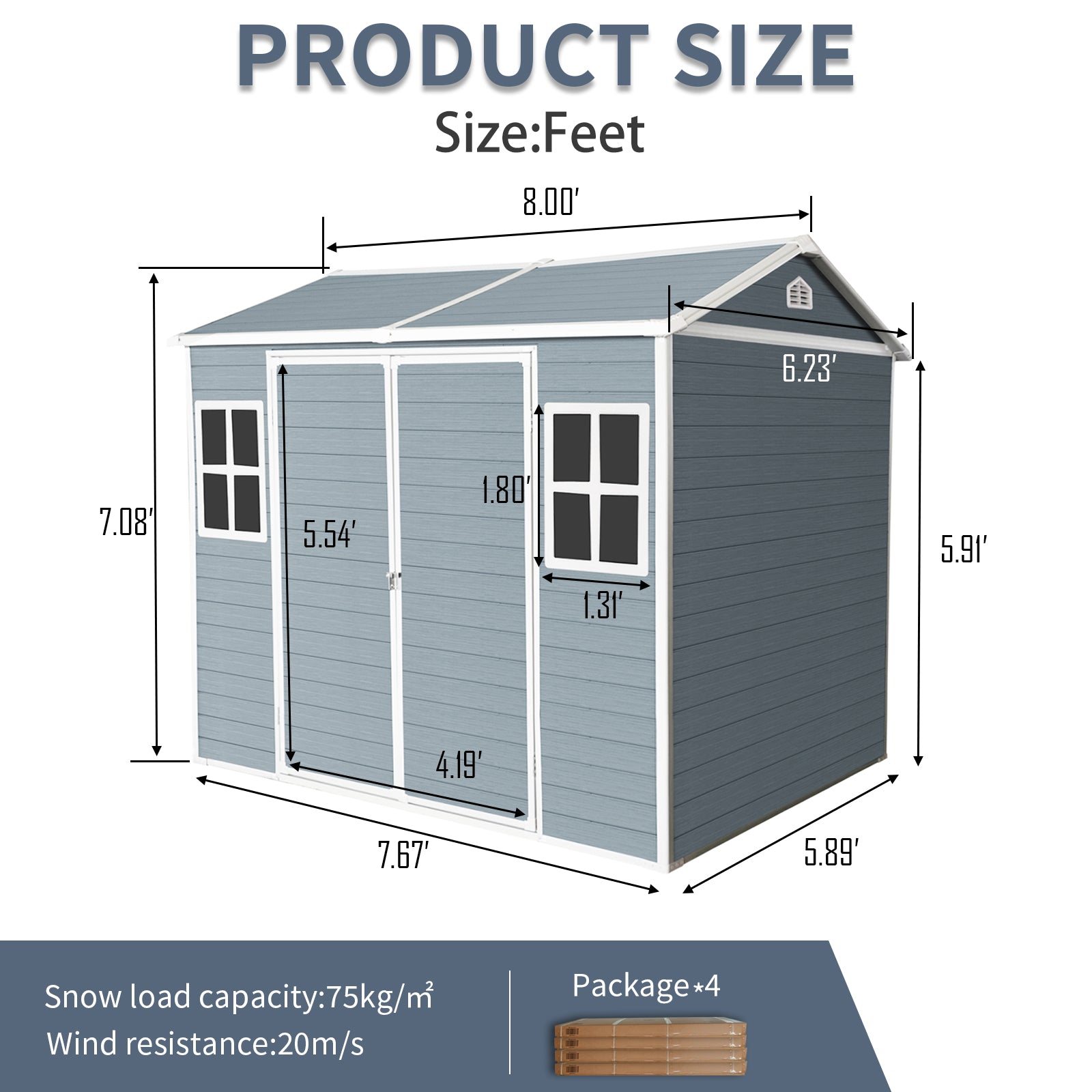 6X8Ft Resin Outdoor Storage Shed Waterproof Shed With Floor & Two Windows & Lockable Door, Tool Shed For Garden, Patio, Backyard,Gray Grey Polypropylene